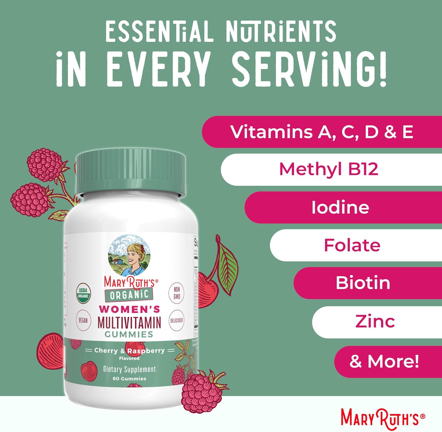 Organic Vegan Women's Multivitamin Gummies & Iron Liquid Supplement - Cherry, Raspberry, Berry - Clean Label Project Verified - Beauty, Immunity Support