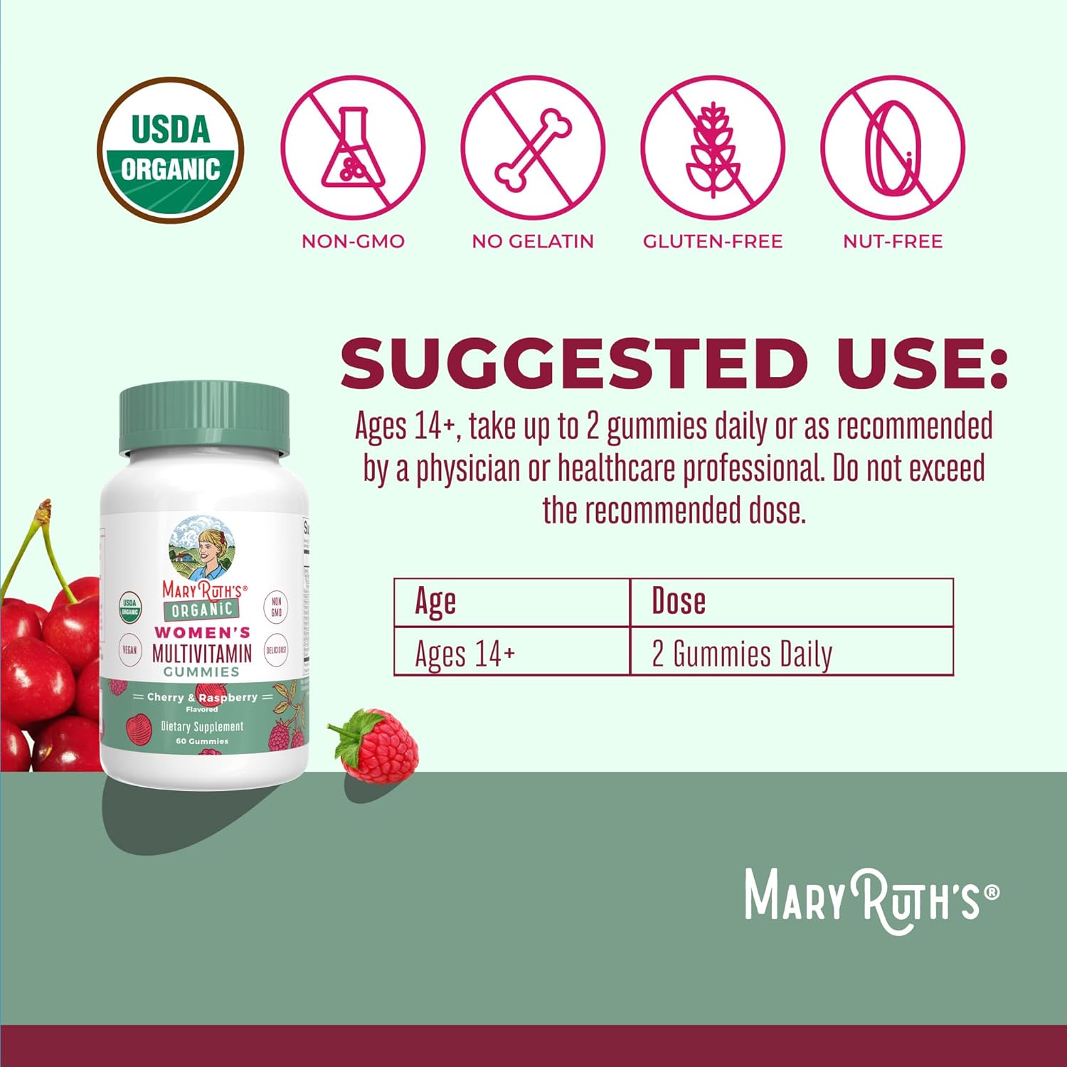 Organic Vegan Women's Multivitamin Gummies & Iron Liquid Supplement - Cherry, Raspberry, Berry - Clean Label Project Verified - Beauty, Immunity Support