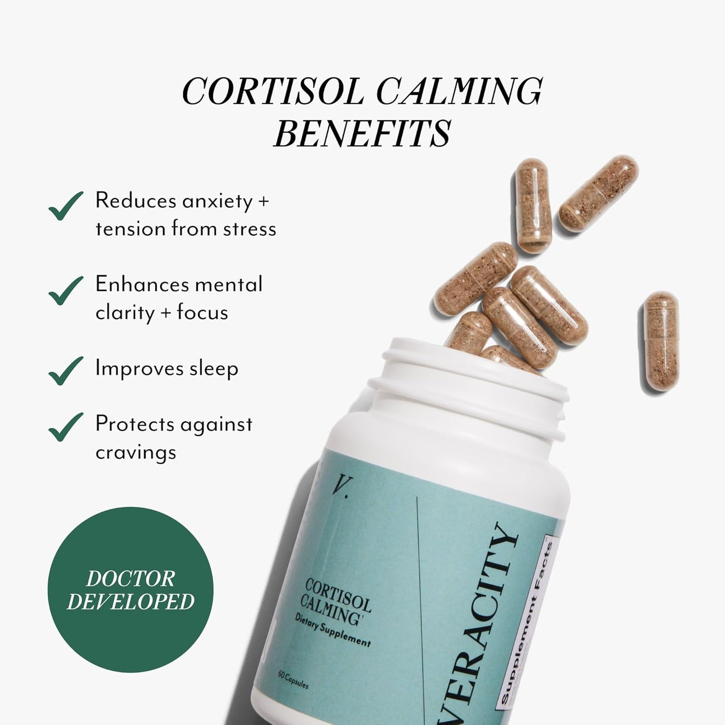 Organic Veracity Cortisol Calming Supplement for Women - Hormone Balance with Ashwagandha, Bacopa, Eleuthero, L Theanine - 60 Capsules