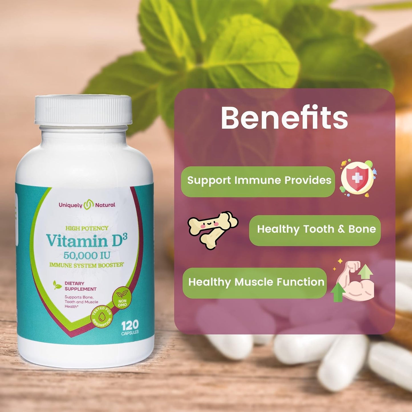 Organic Vitamin D3 50,000 IU Capsules - 120 Weekly Supplements for Bone, Teeth, Immune Support - Non-GMO, Gluten Free - Made in USA