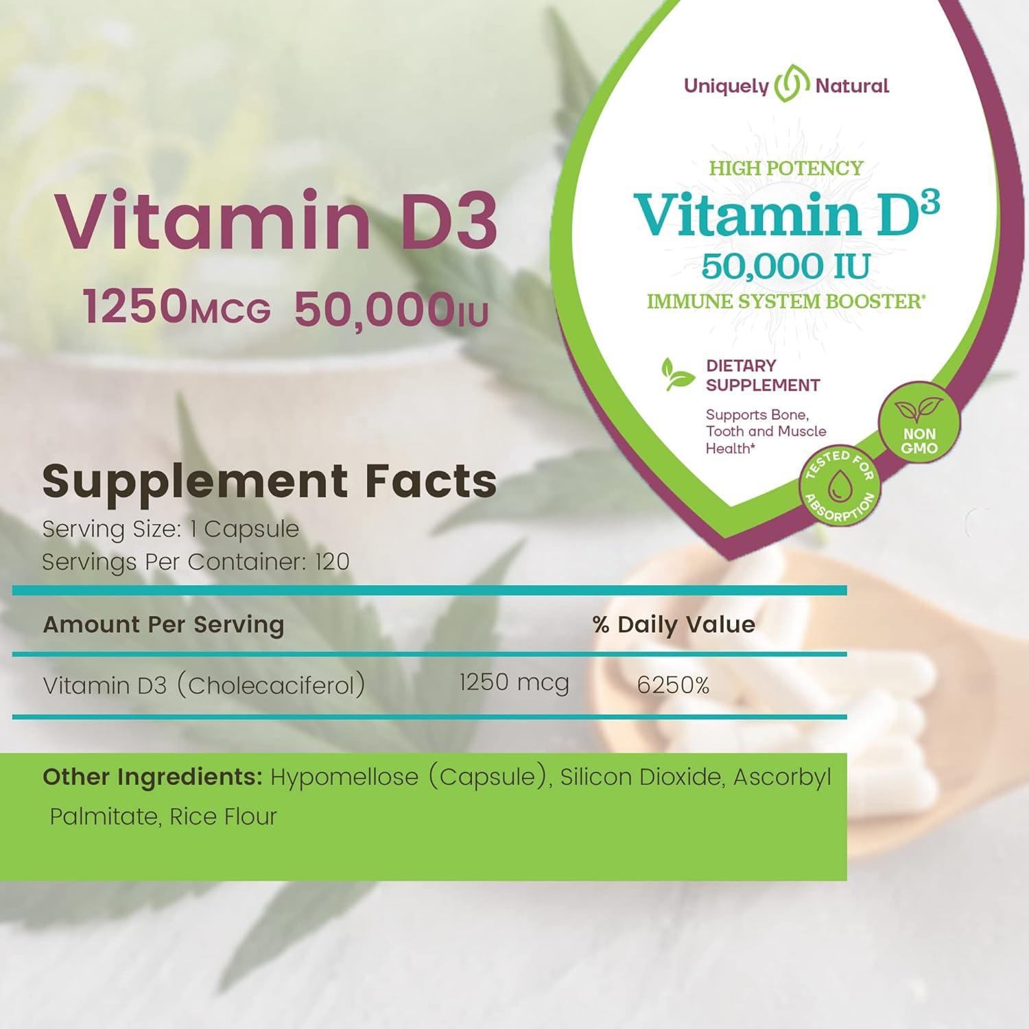 Organic Vitamin D3 50,000 IU Capsules - 120 Weekly Supplements for Bone, Teeth, Immune Support - Non-GMO, Gluten Free - Made in USA