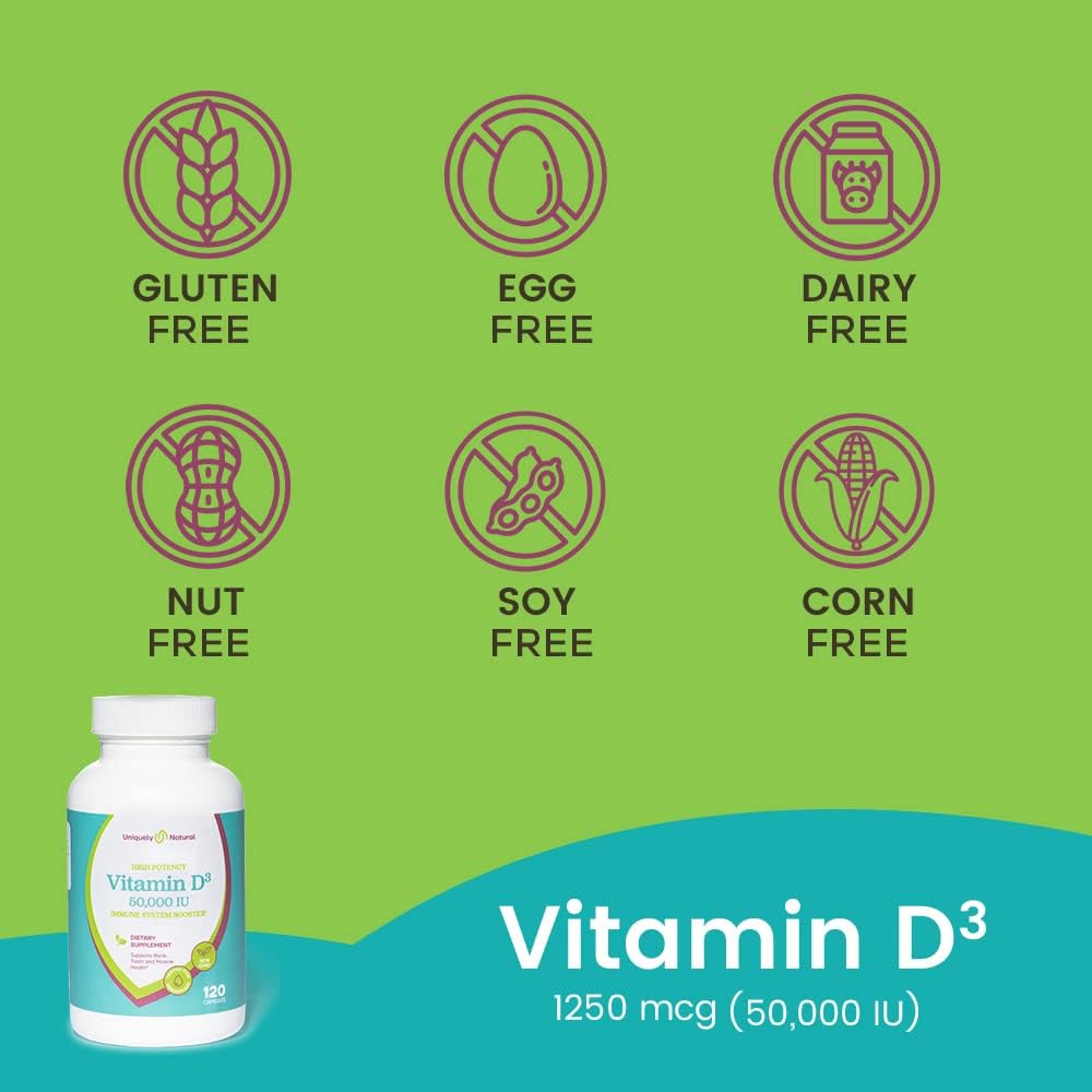 Organic Vitamin D3 50,000 IU Capsules - 120 Weekly Supplements for Bone, Teeth, Immune Support - Non-GMO, Gluten Free - Made in USA