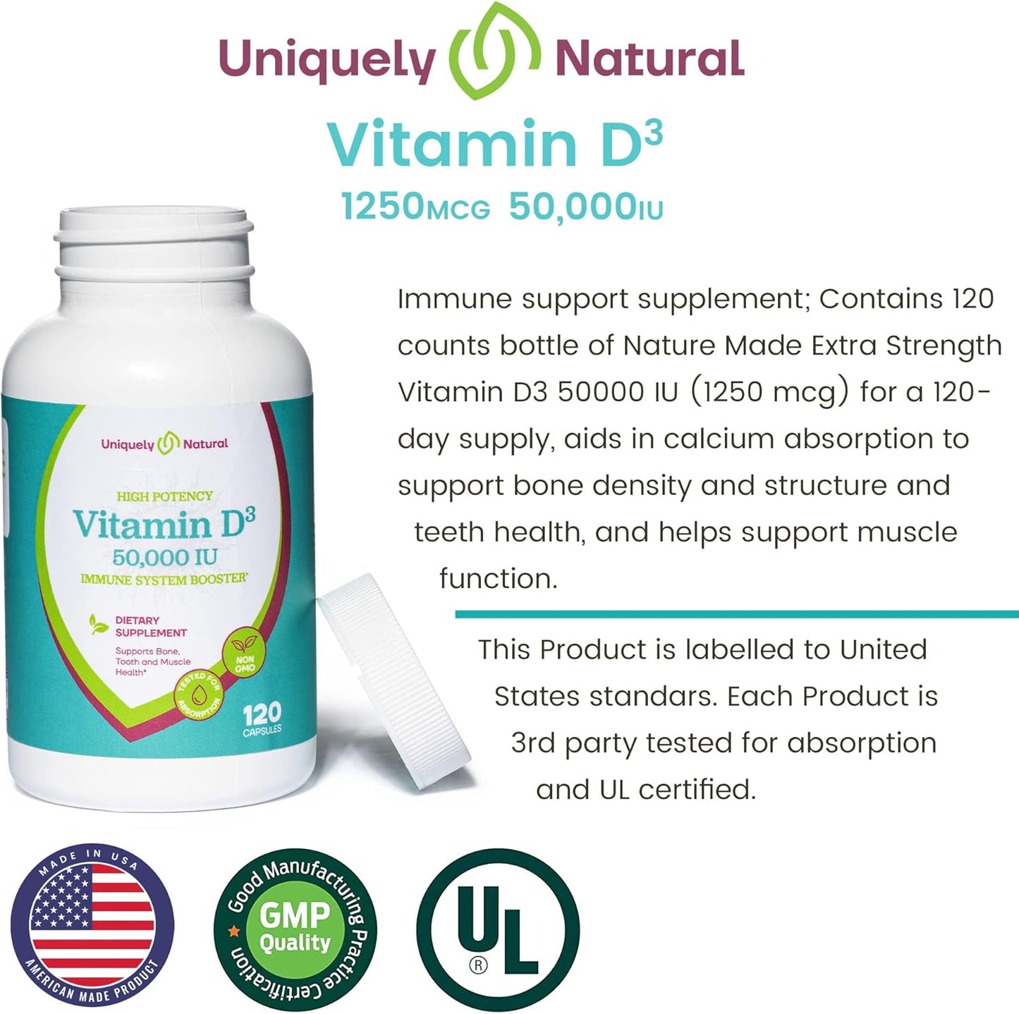 Organic Vitamin D3 50,000 IU Capsules - 120 Weekly Supplements for Bone, Teeth, Immune Support - Non-GMO, Gluten Free - Made in USA