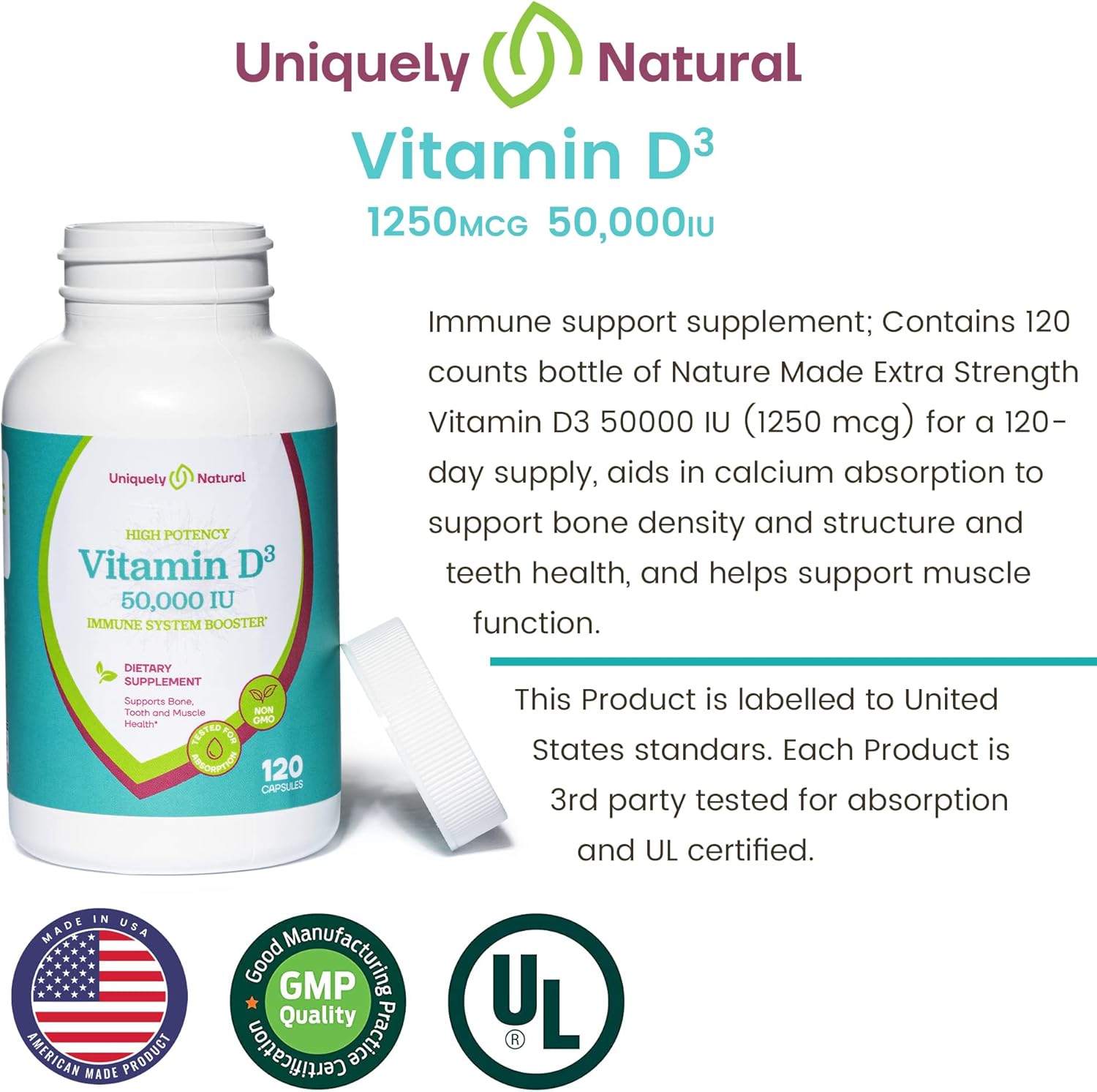 Organic Vitamin D3 50,000 IU Capsules - 120 Weekly Supplements for Bone, Teeth, Immune Support - Non-GMO, Gluten Free - Made in USA