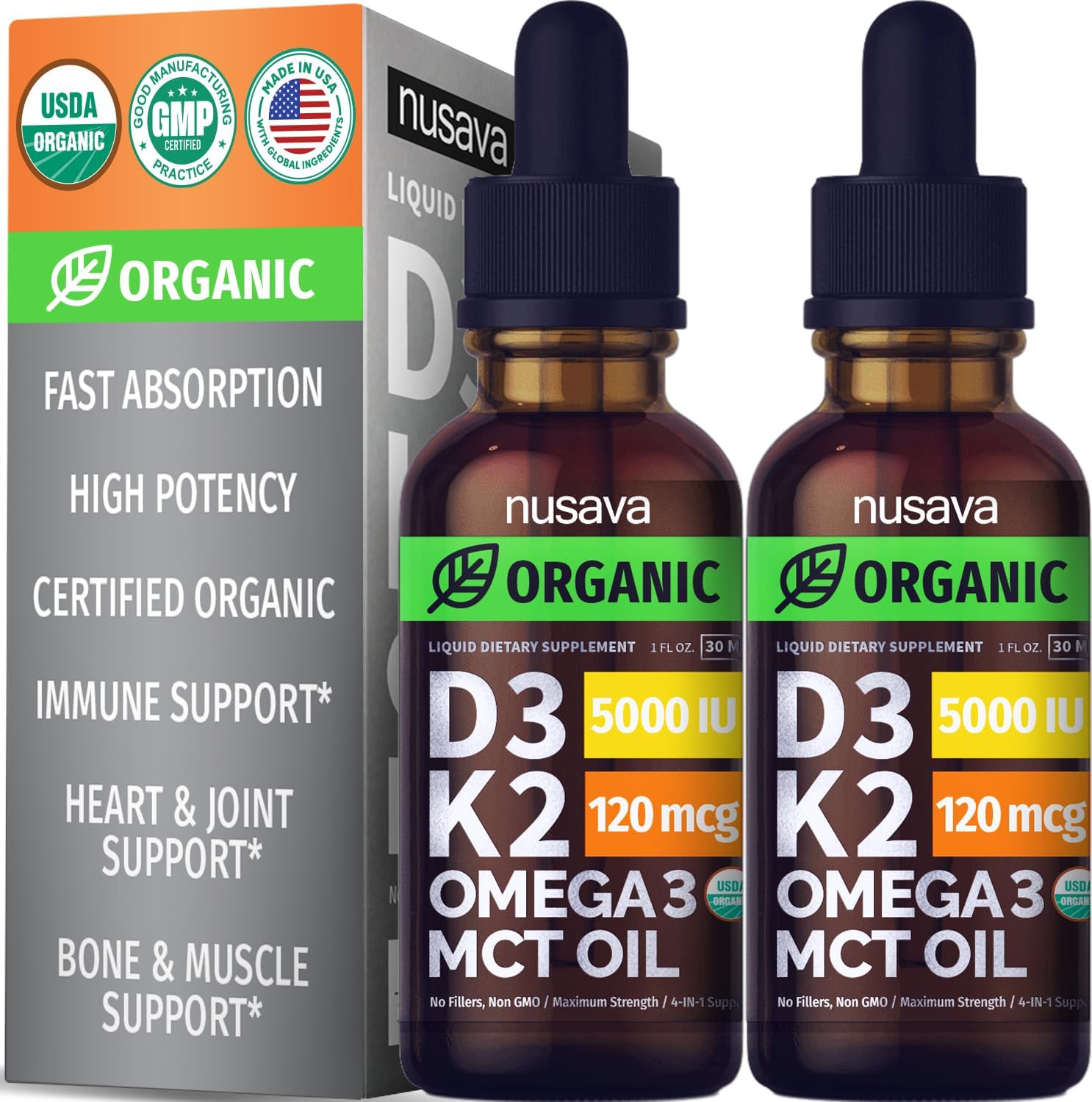 Organic Vitamin D3 K2 Drops with MCT Oil (2 Pack) - 5000 IU, Omega 3, Non-GMO, Faster Absorption - Unflavored Liquid Supplement
