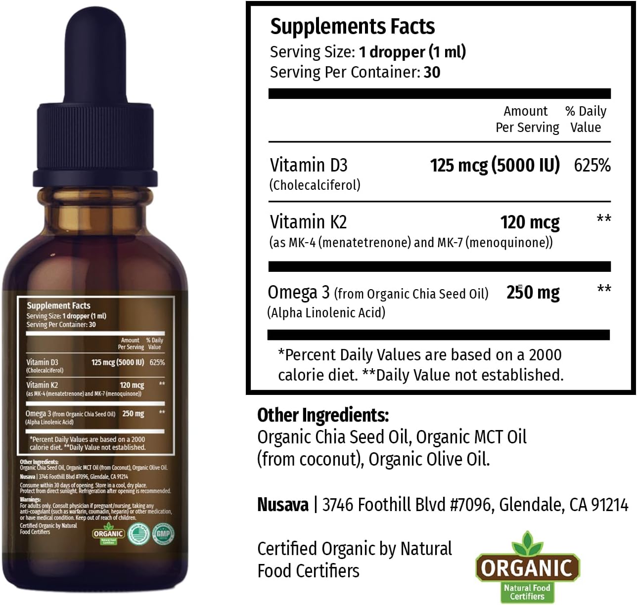 Organic Vitamin D3 K2 Drops with MCT Oil (2 Pack) - 5000 IU, Omega 3, Non-GMO, Faster Absorption - Unflavored Liquid Supplement