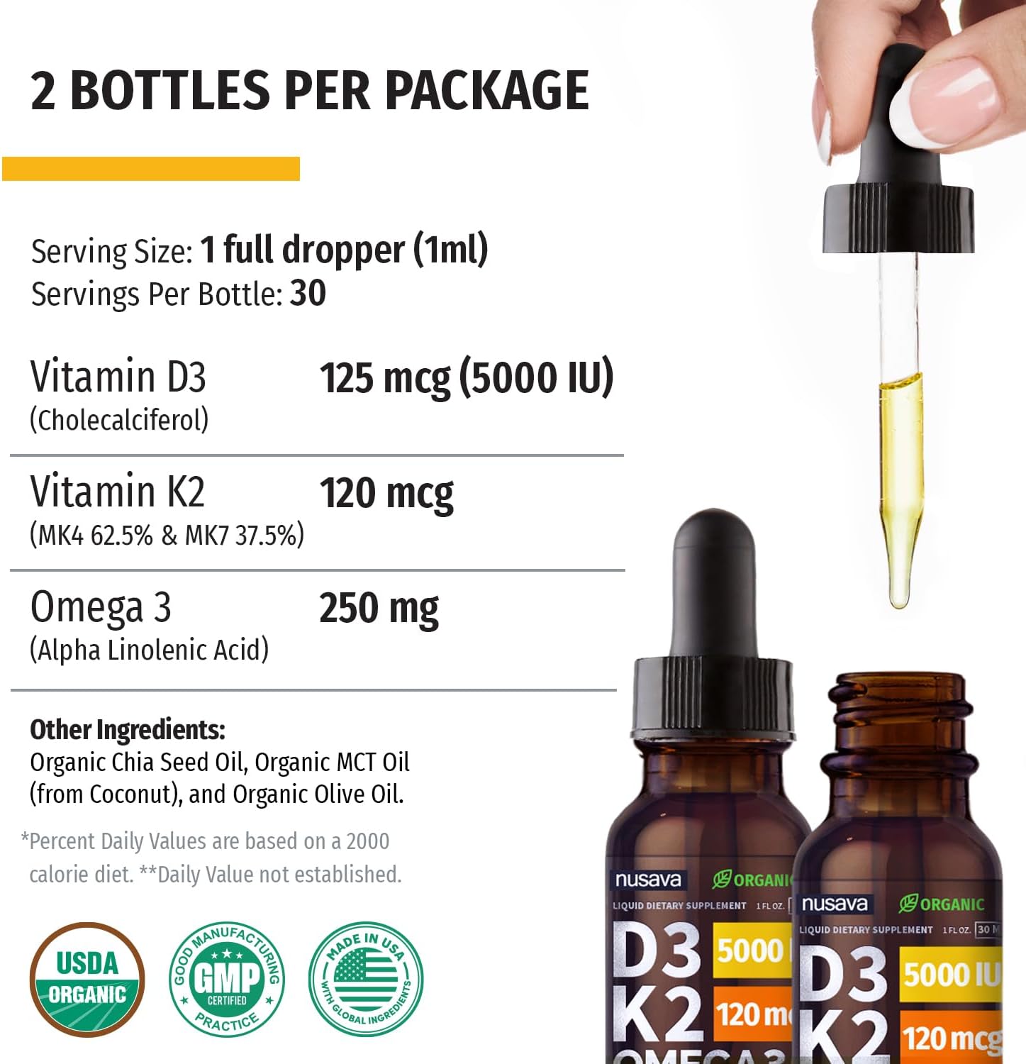 Organic Vitamin D3 K2 Drops with MCT Oil (2 Pack) - 5000 IU, Omega 3, Non-GMO, Faster Absorption - Unflavored Liquid Supplement
