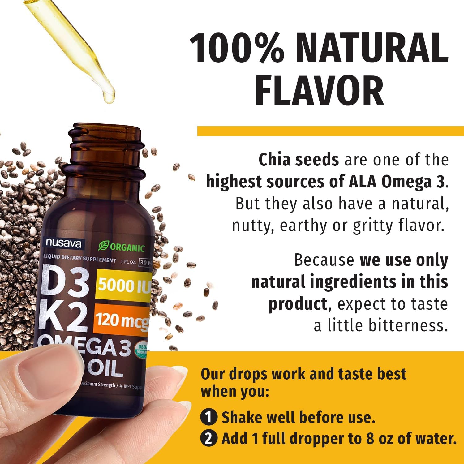 Organic Vitamin D3 K2 Drops with MCT Oil (2 Pack) - 5000 IU, Omega 3, Non-GMO, Faster Absorption - Unflavored Liquid Supplement