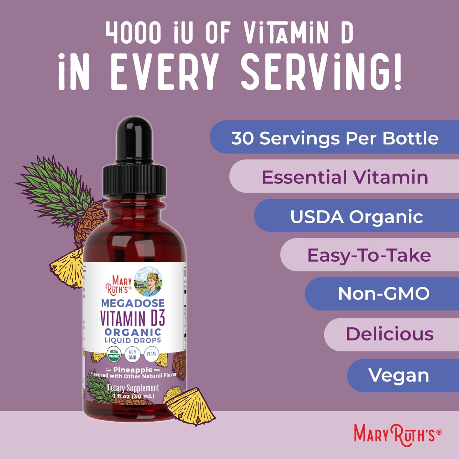 Organic Vitamin D3 Liquid Drops | High Potency 4000 IU | USDA Certified Liquid D Spray for Adults & Kids | Immune & Bone Health Support | Vegan & Gluten Free | Non-GMO | 30 Servings