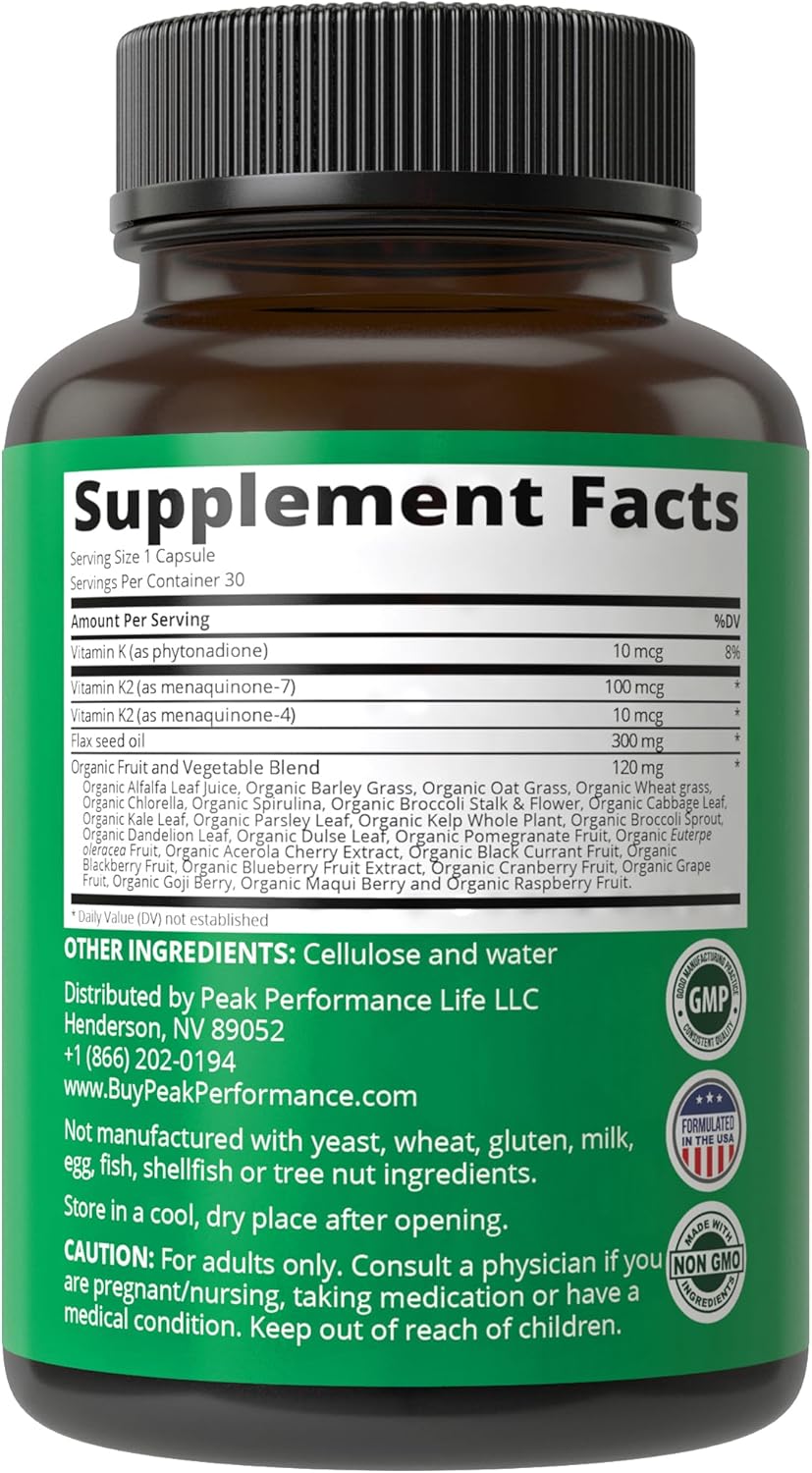 Organic Vitamin K Supplement with 25+ Whole Food Vegetables and Fruits for Maximum Absorption - Vegan Capsules with K1, K-2 MK4, and K2 Natto MK7 - Alternative to Drops and Gummies