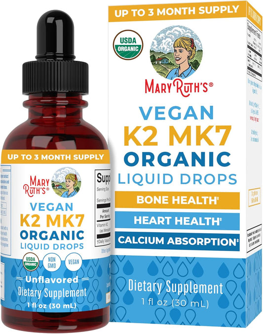 Organic Vitamin K2 MCT Liquid Drops for Adults & Kids | 100 mcg K2 MK7 + MCT Oil | Vegan Bone & Heart Health Support
