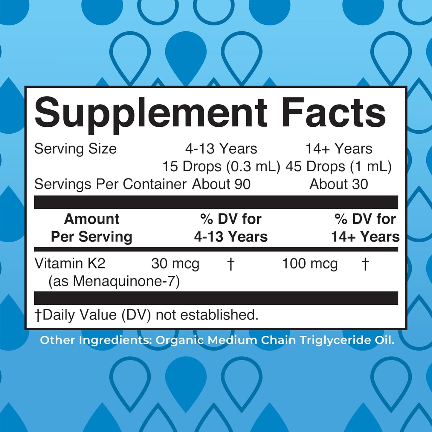 Organic Vitamin K2 MCT Liquid Drops for Adults & Kids | 100 mcg K2 MK7 + MCT Oil | Vegan Bone & Heart Health Support