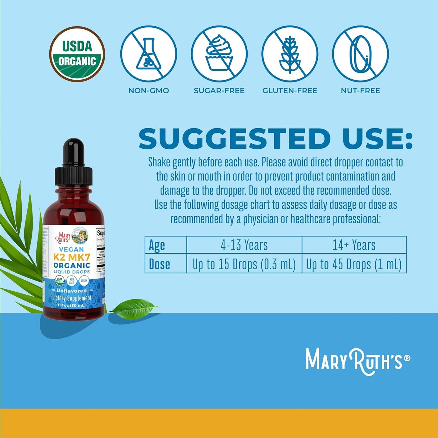 Organic Vitamin K2 MCT Liquid Drops for Adults & Kids | 100 mcg K2 MK7 + MCT Oil | Vegan Bone & Heart Health Support