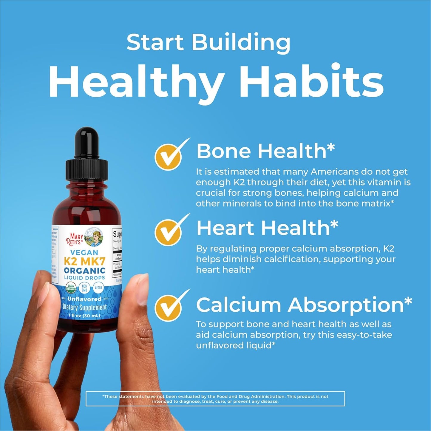 Organic Vitamin K2 MCT Liquid Drops for Adults & Kids | 100 mcg K2 MK7 + MCT Oil | Vegan Bone & Heart Health Support