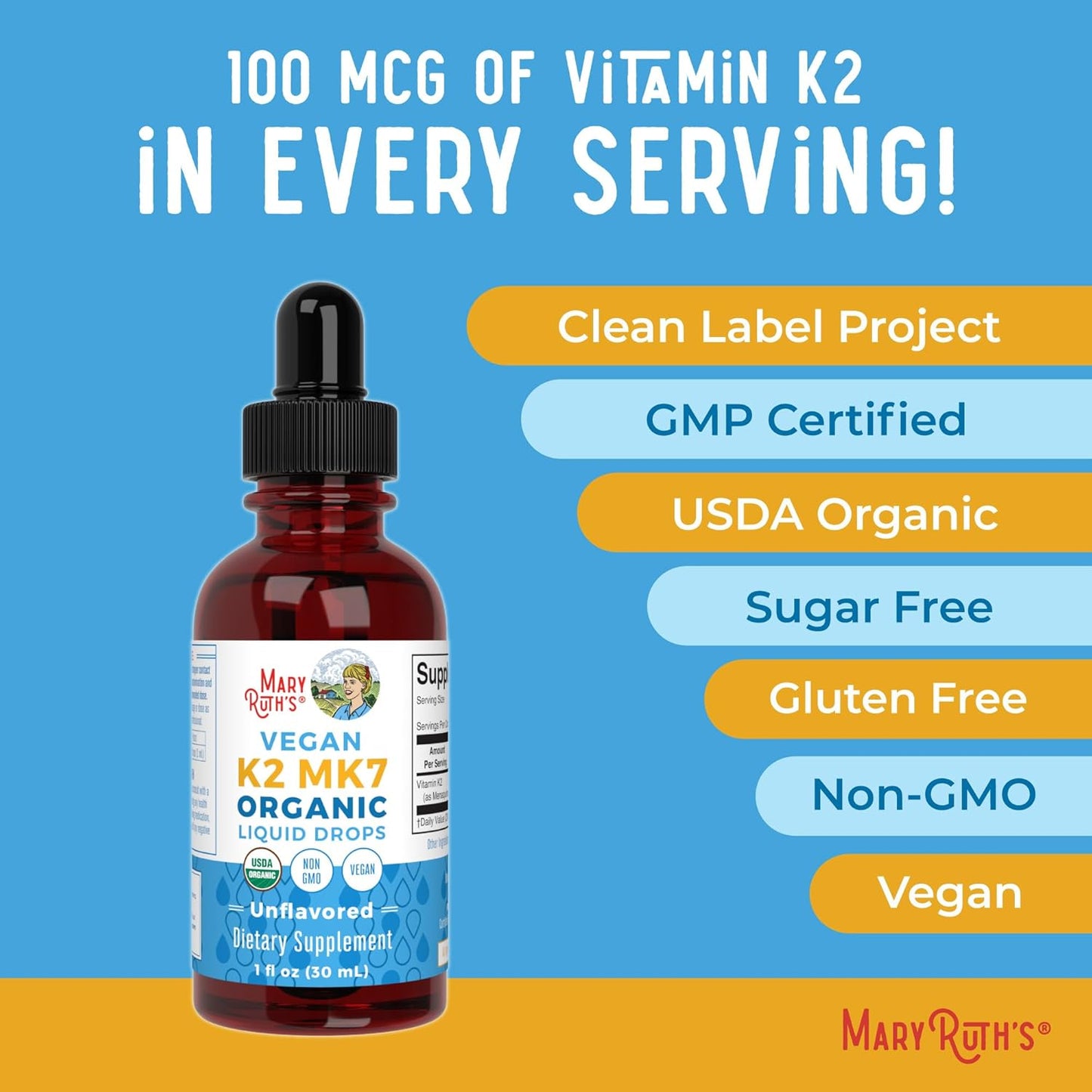 Organic Vitamin K2 MCT Liquid Drops for Adults & Kids | 100 mcg K2 MK7 + MCT Oil | Vegan Bone & Heart Health Support