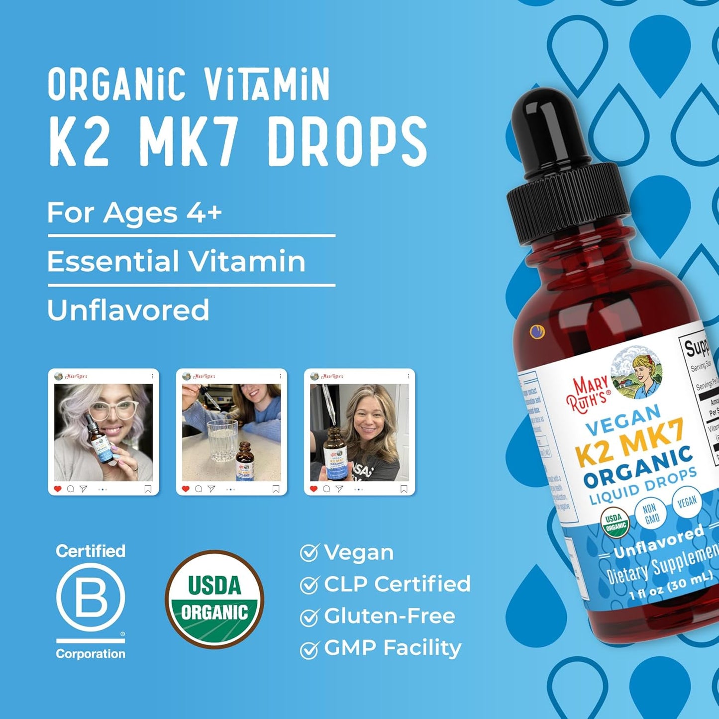 Organic Vitamin K2 MCT Liquid Drops for Adults & Kids | 100 mcg K2 MK7 + MCT Oil | Vegan Bone & Heart Health Support