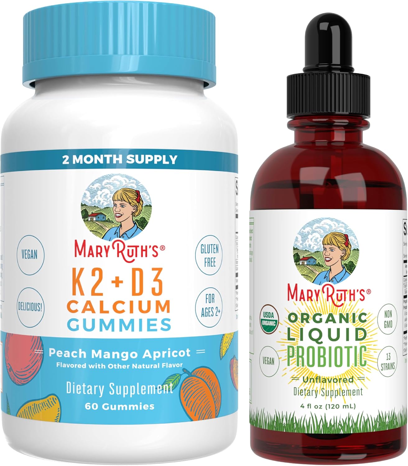 Organic Vitamin K2+D3 Gummies & Probiotic Drops for Joint Health | Peach Mango & Apricot Flavor | Vegan, Non-GMO | Clean Label Project Verified