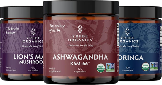 Organic Warrior Trio Supplement: KSM-66 Ashwagandha, Moringa, Lions Mane Blend
