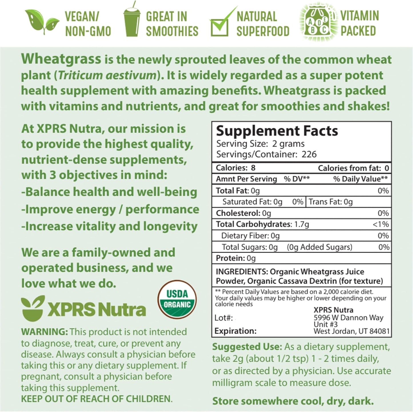 Organic Wheatgrass Juice Powder - Sustainably Grown, Instant & Concentrated - Potent 16oz Wheat Grass Powder
