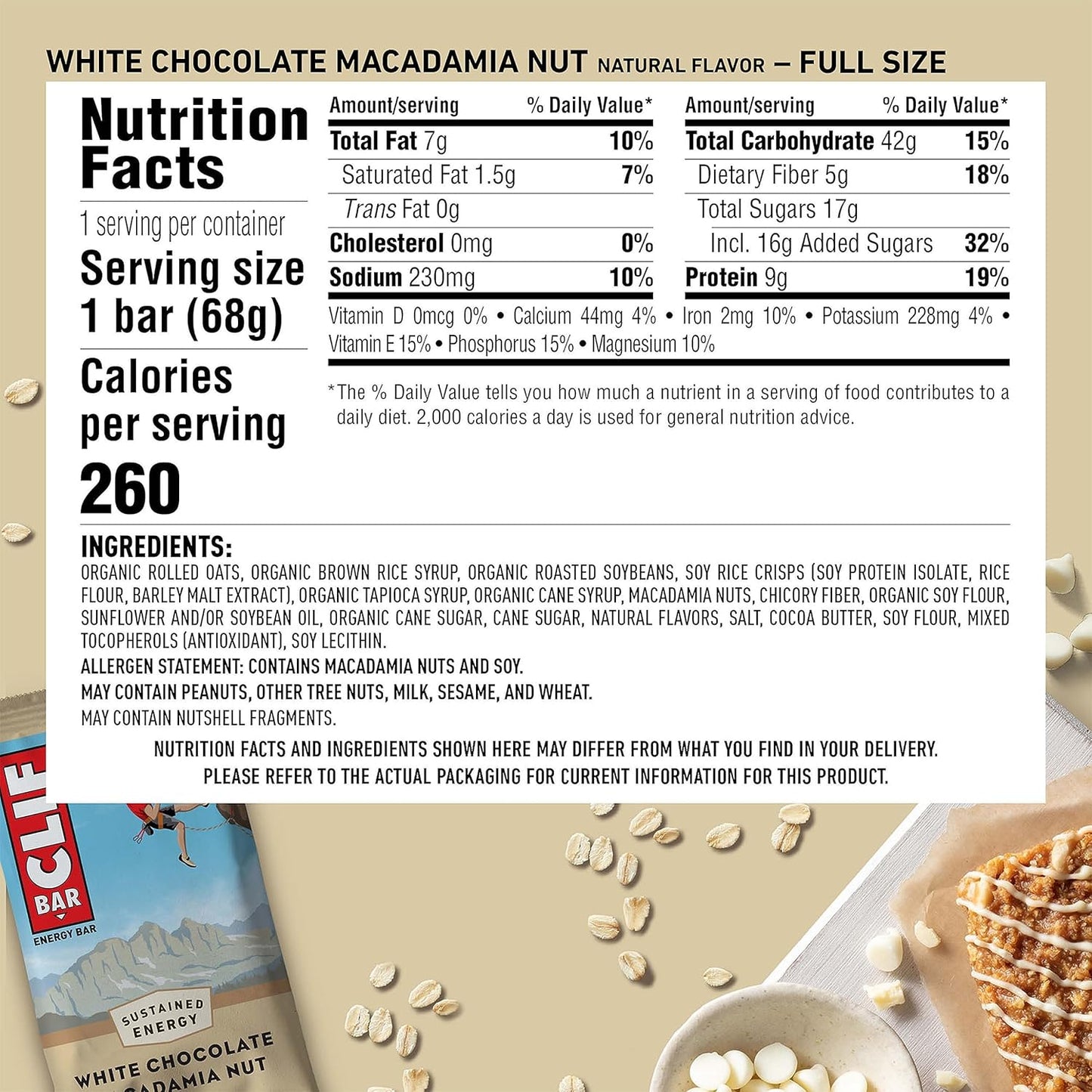 Organic White Chocolate Macadamia Nut CLIF BAR Energy Bars - Full Size and Mini - Non-GMO - Plant Based - 20 Count