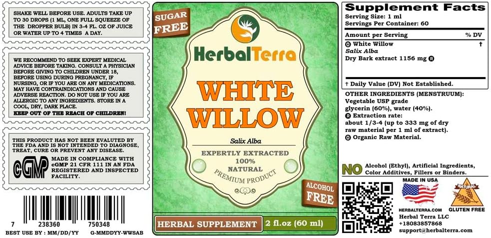 Organic White Willow Bark Glycerite Extract - Alcohol-Free Liquid, 2 oz - Herbal Terra LLC