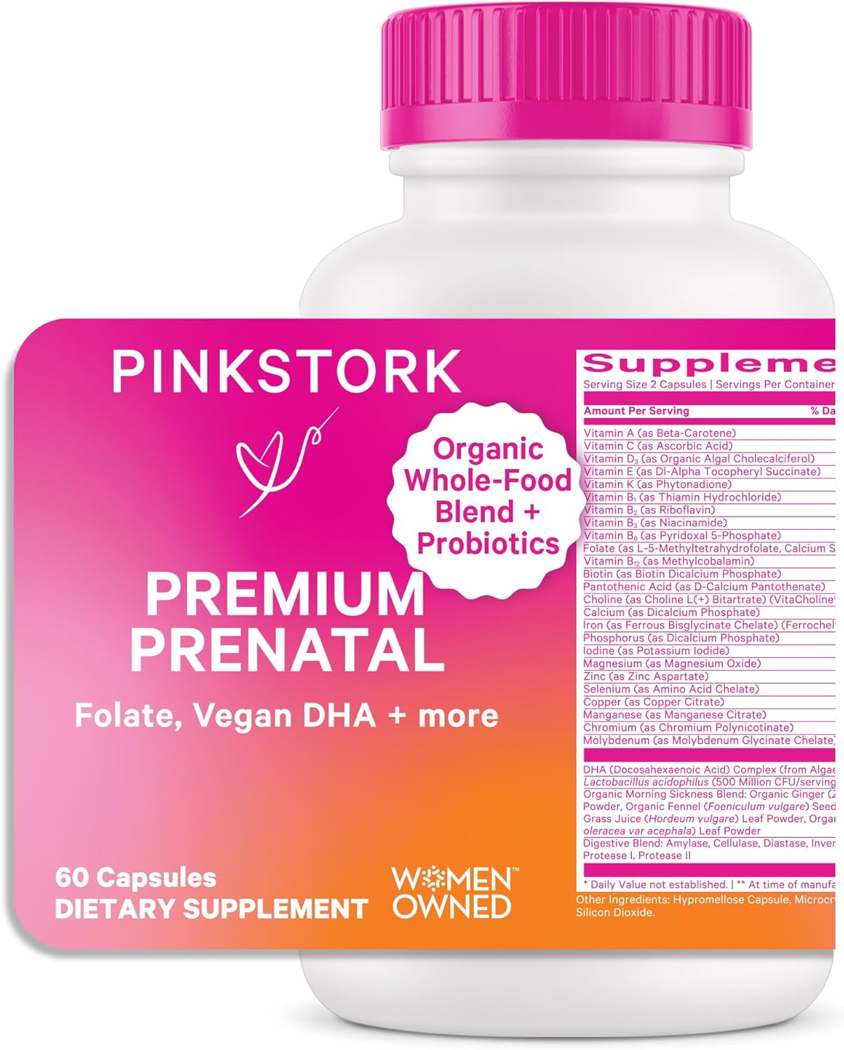 Organic Whole-Food Prenatal Vitamin with Probiotics for Women - Supports Morning Sickness, Digestion, & Energy - Folate, B6, Iron - 60 Capsules