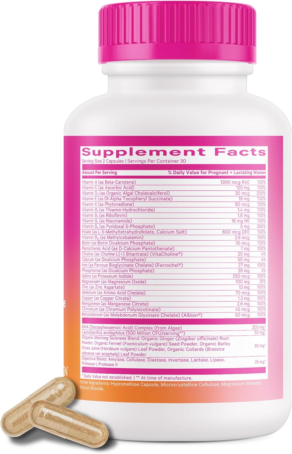 Organic Whole-Food Prenatal Vitamin with Probiotics for Women - Supports Morning Sickness, Digestion, & Energy - Folate, B6, Iron - 60 Capsules