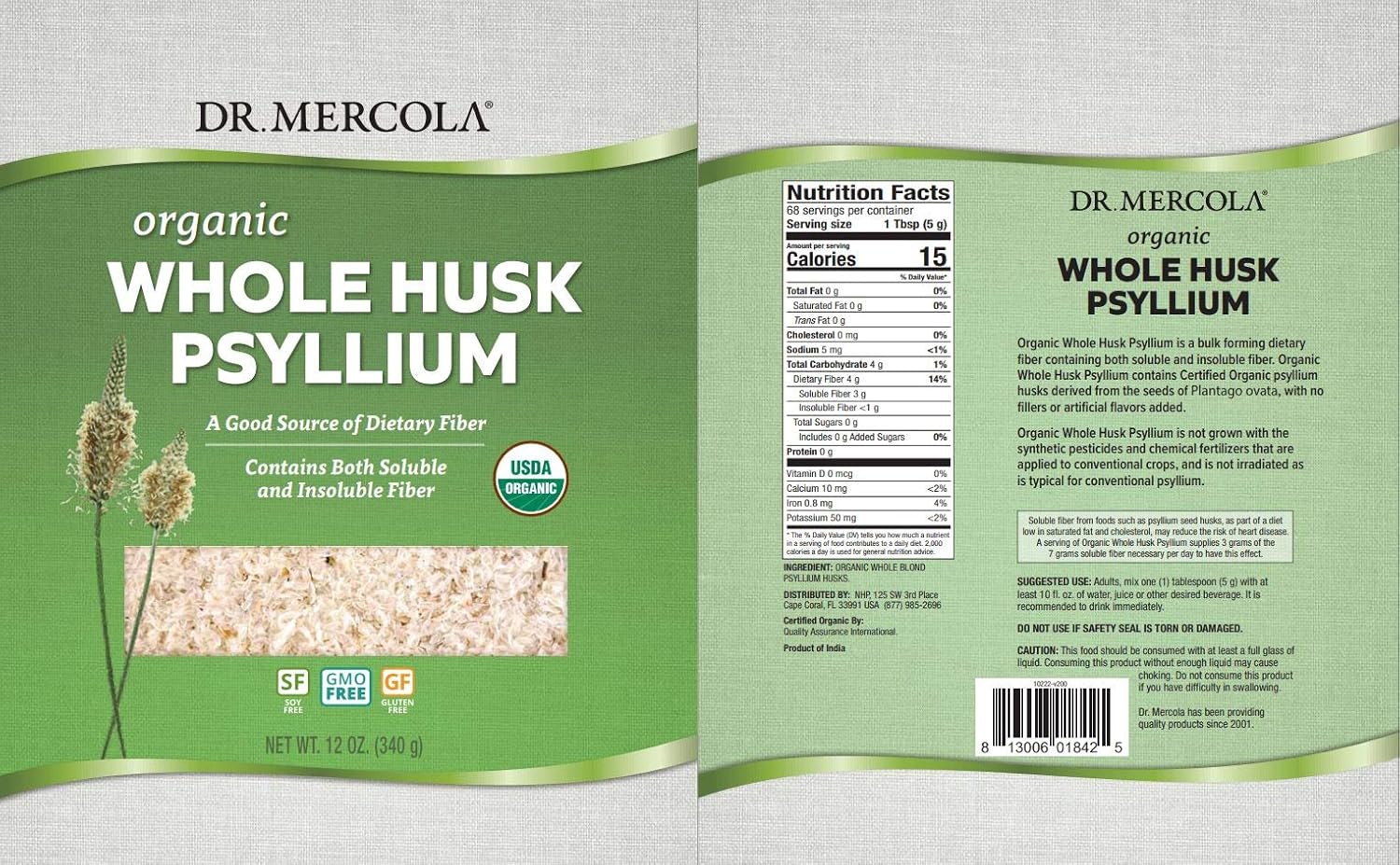 Organic Whole Husk Psyllium Supplement, 68 Servings (12oz) - Rich in Fiber, Promotes Digestive Health, Non-GMO, Gluten-Free, Soy-Free - USDA Organic