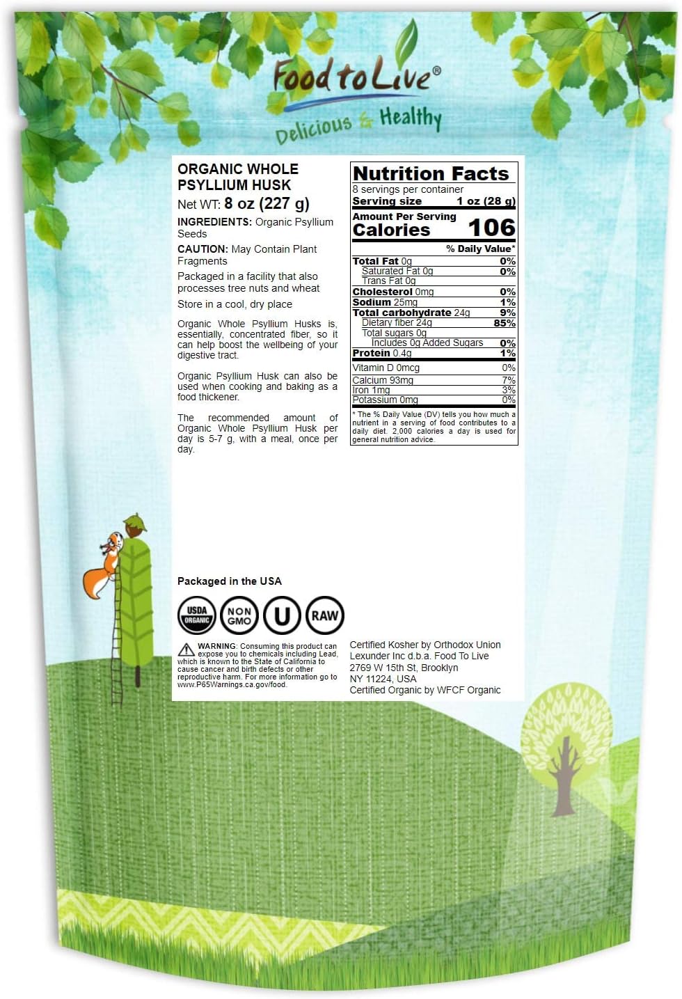 Organic Whole Psyllium Husks - 8 oz - Non-GMO, Vegan, Keto Friendly, Raw, Unsweetened - Rich in Fiber