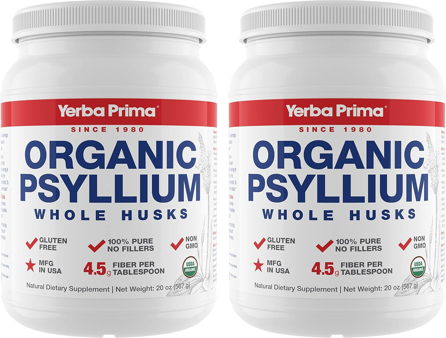 Organic Whole Psyllium Husks Fiber - 40 oz (2 Pack) - Dietary Fiber Supplement for Colon Cleansing, Regularity & Detox Support - Gluten Free, Non GMO, Vegan - Yerba Prima