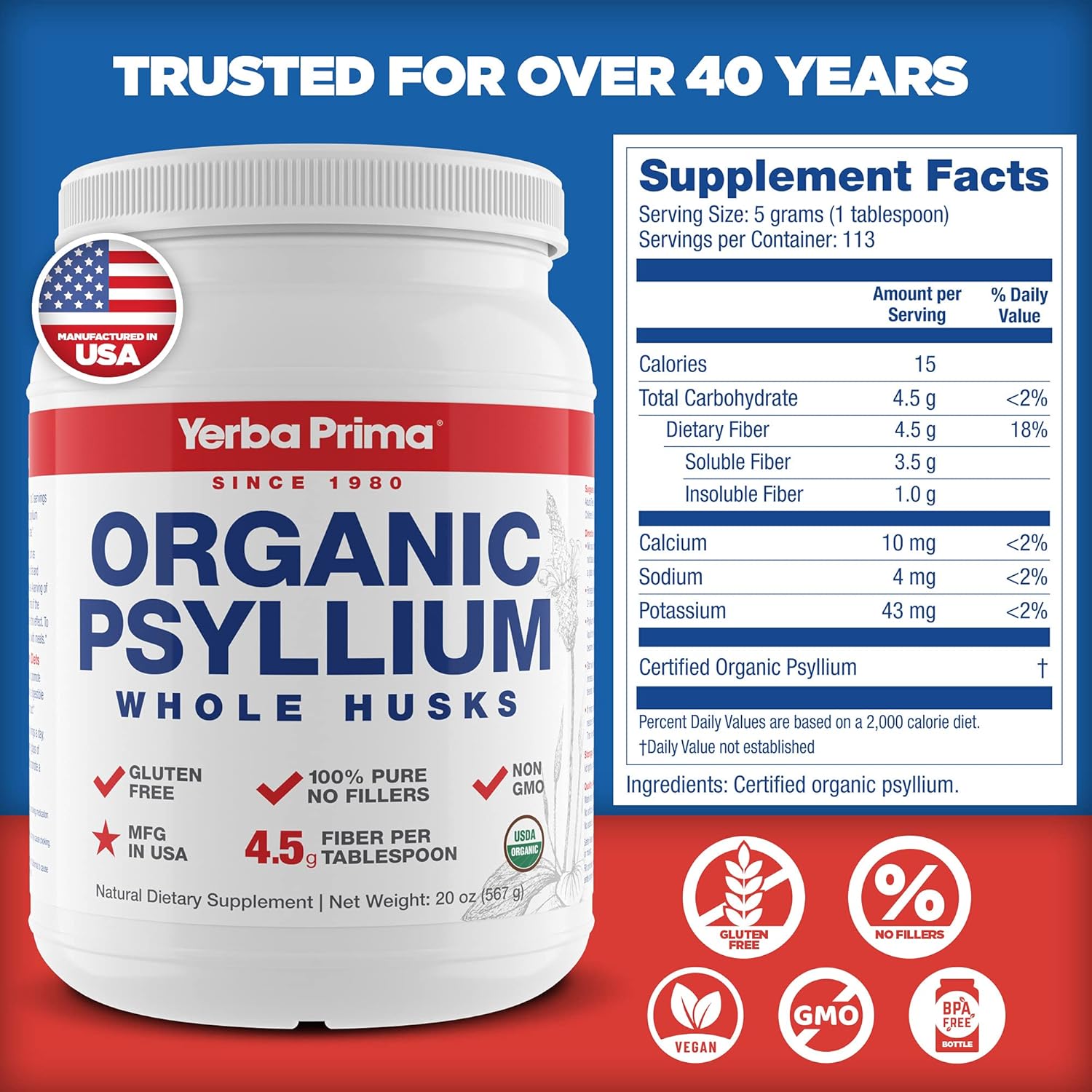 Organic Whole Psyllium Husks Fiber - 40 oz (2 Pack) - Dietary Fiber Supplement for Colon Cleansing, Regularity & Detox Support - Gluten Free, Non GMO, Vegan - Yerba Prima