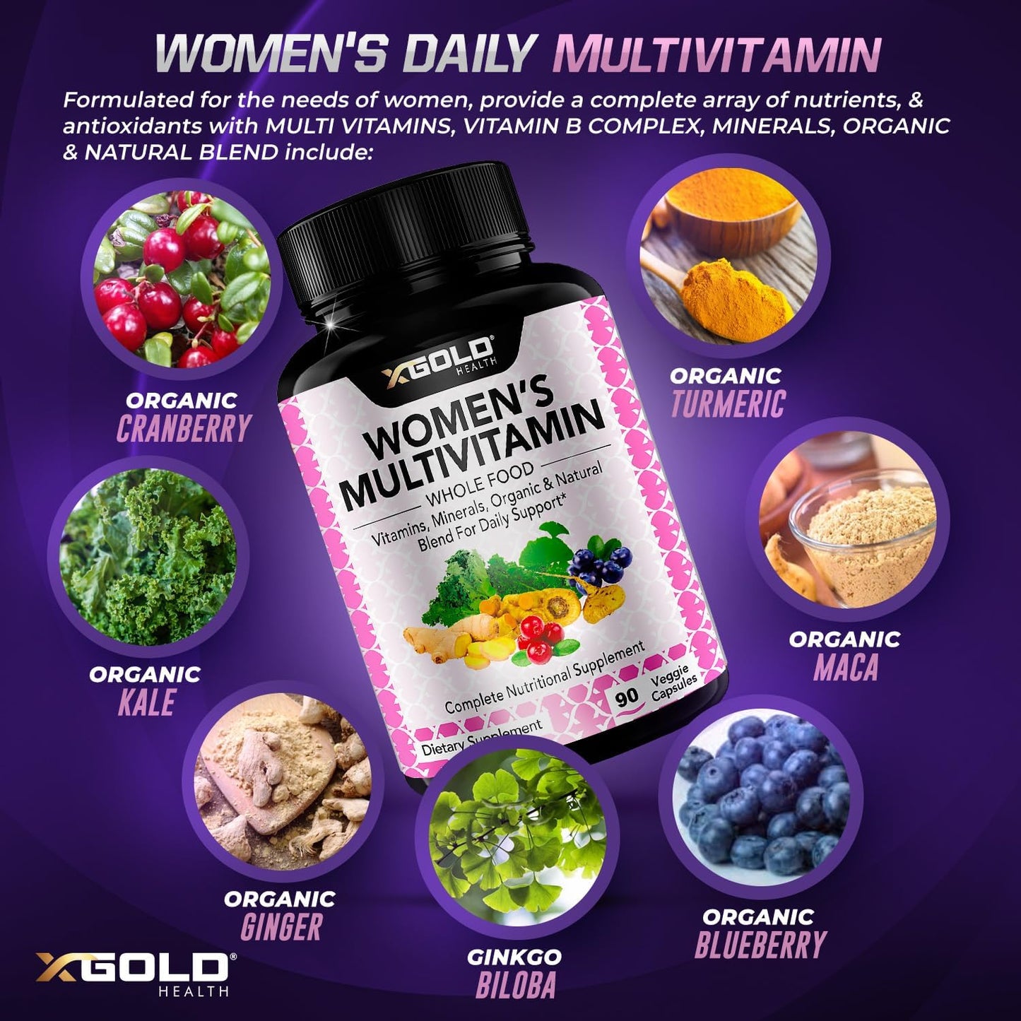 Organic WholeFood Women's Daily Multivitamin 50 Plus with Ginger, Maca, B Complex - Energy & Immune Support - 90 Capsules