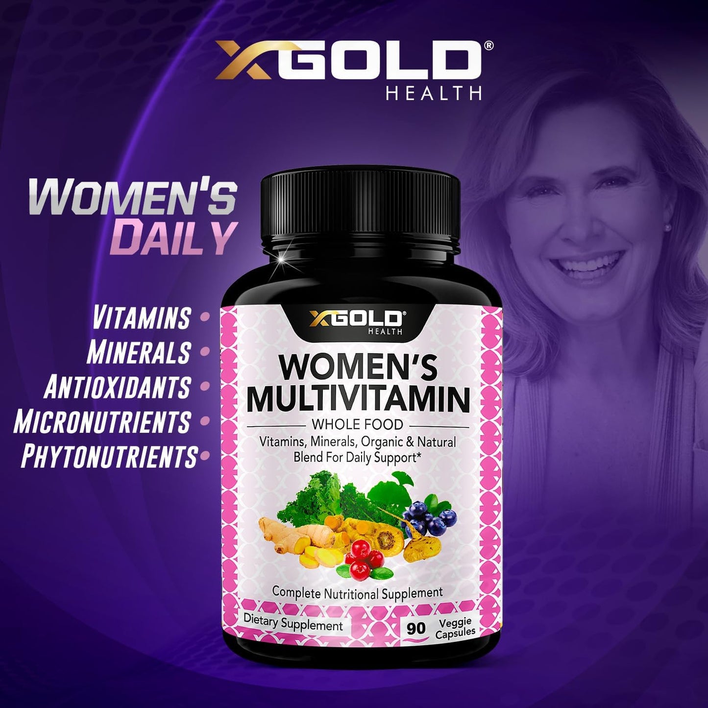 Organic WholeFood Women's Daily Multivitamin 50 Plus with Ginger, Maca, B Complex - Energy & Immune Support - 90 Capsules