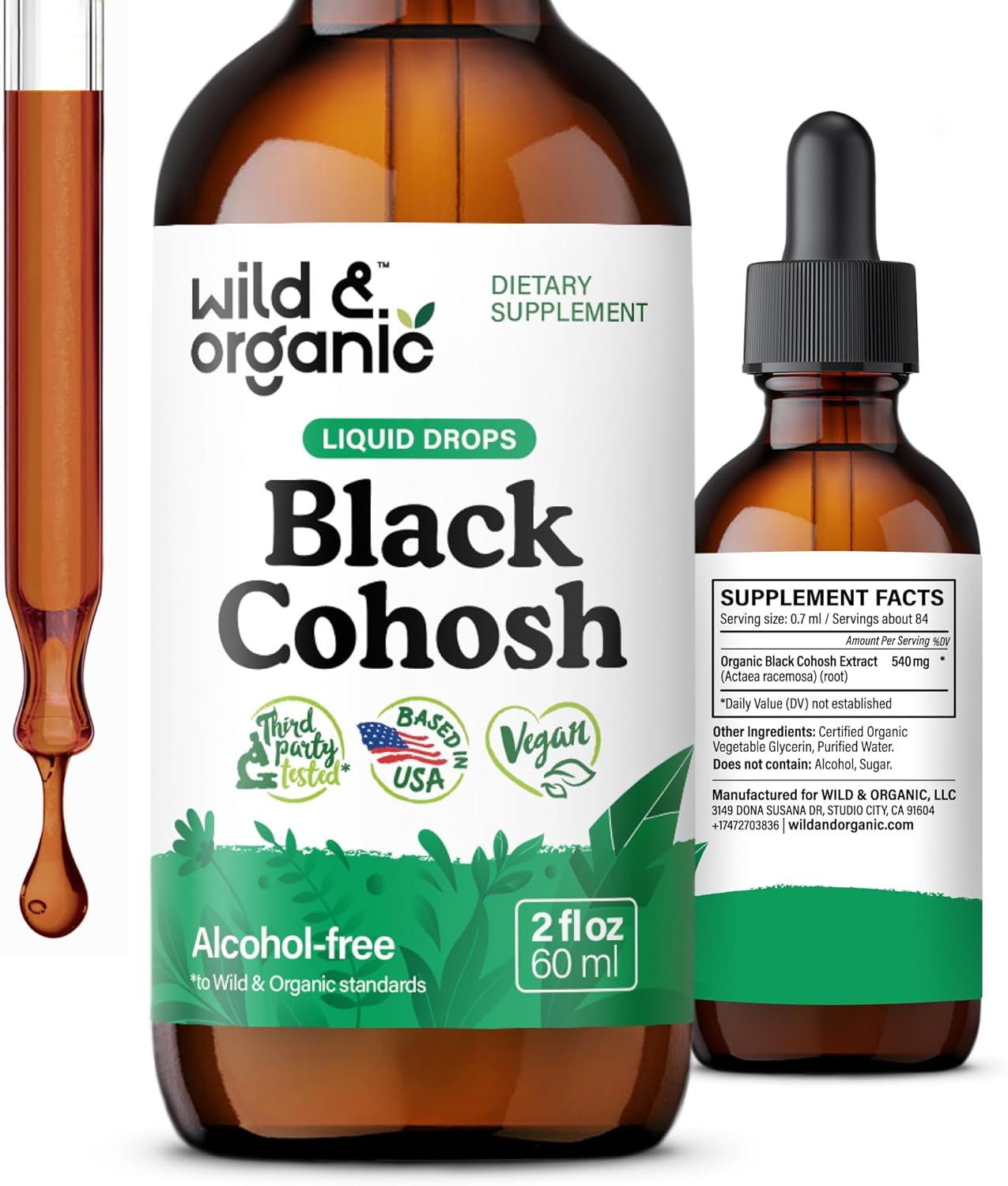 Organic Wild Black Cohosh Liquid Extract - 540mg Drops for Women - Herbal Supplement Tincture - 2oz Bottle - Vegan & Alcohol-Free