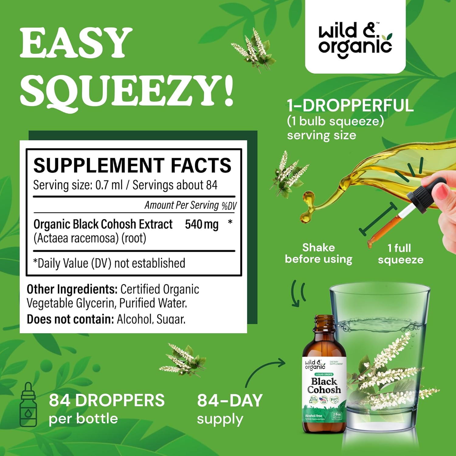 Organic Wild Black Cohosh Liquid Extract - 540mg Drops for Women - Herbal Supplement Tincture - 2oz Bottle - Vegan & Alcohol-Free