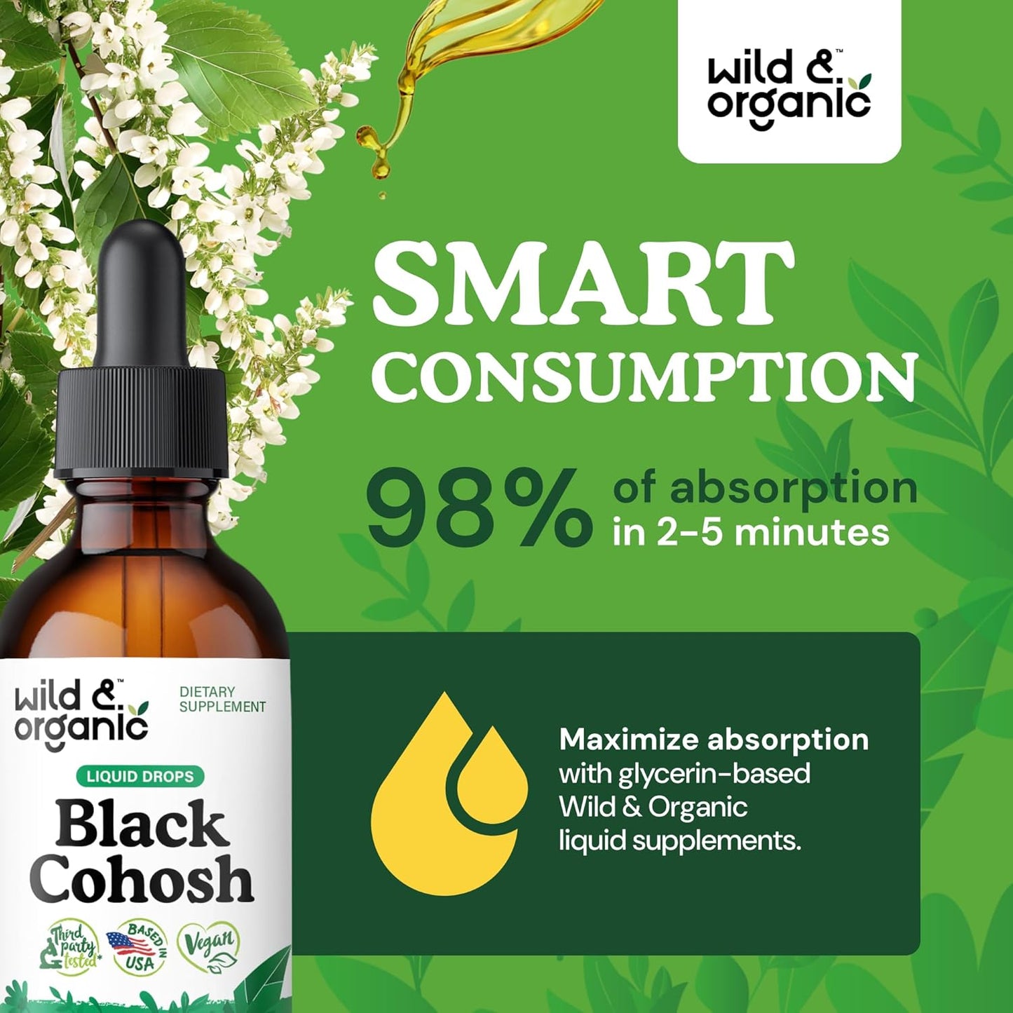 Organic Wild Black Cohosh Liquid Extract - 540mg Drops for Women - Herbal Supplement Tincture - 2oz Bottle - Vegan & Alcohol-Free