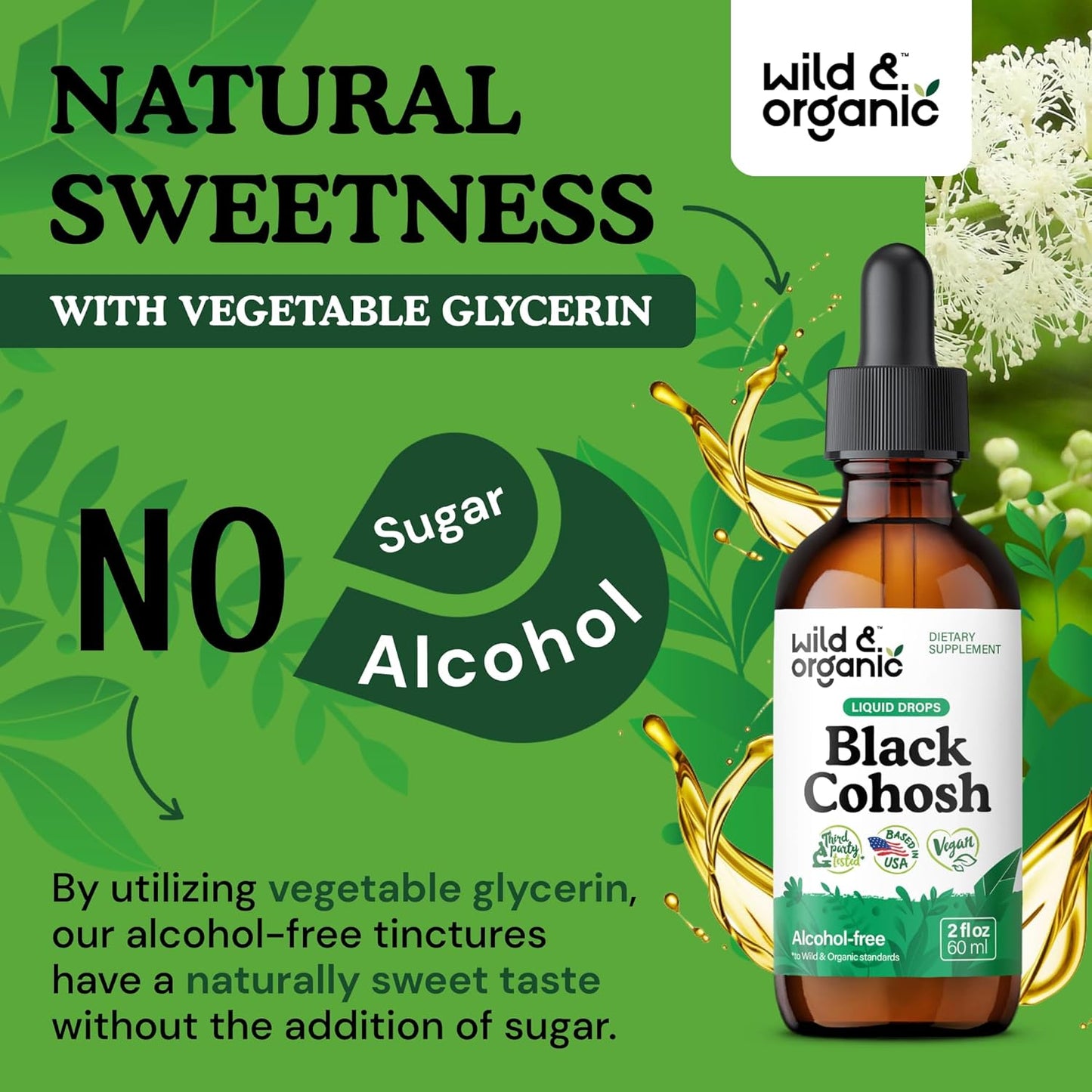 Organic Wild Black Cohosh Liquid Extract - 540mg Drops for Women - Herbal Supplement Tincture - 2oz Bottle - Vegan & Alcohol-Free