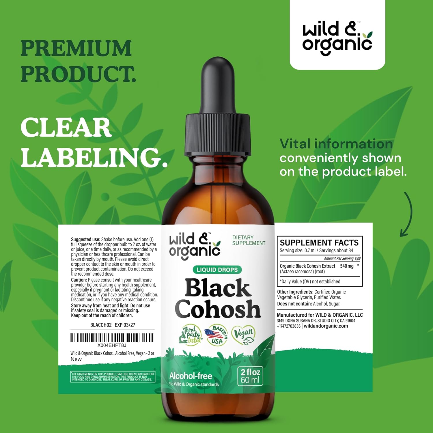 Organic Wild Black Cohosh Liquid Extract - 540mg Drops for Women - Herbal Supplement Tincture - 2oz Bottle - Vegan & Alcohol-Free