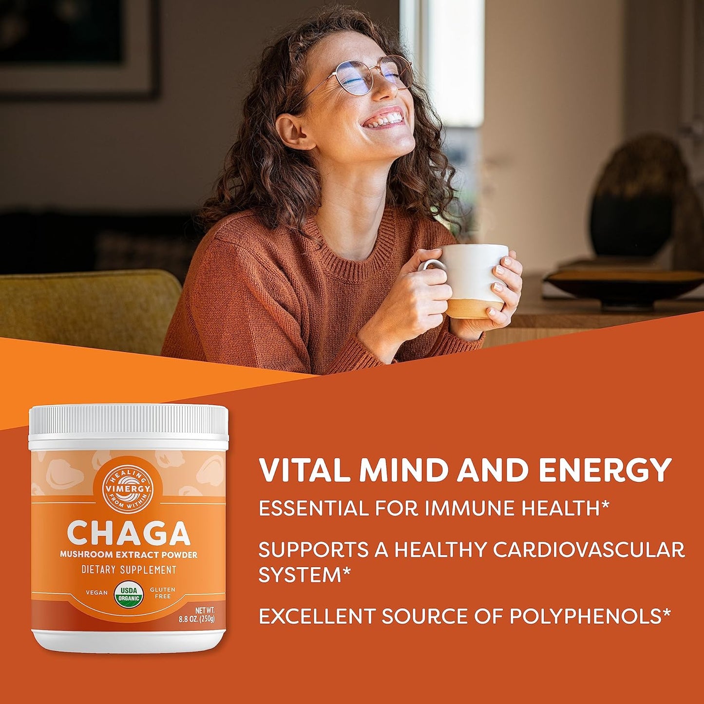 Organic Wild Chaga Mushroom Extract Powder - 166 Servings, Ideal for Tea, Coffee, Smoothies - Cardiovascular Support - Kosher, Vegan, Gluten-Free - Pure Chaga, No Fillers - 250g