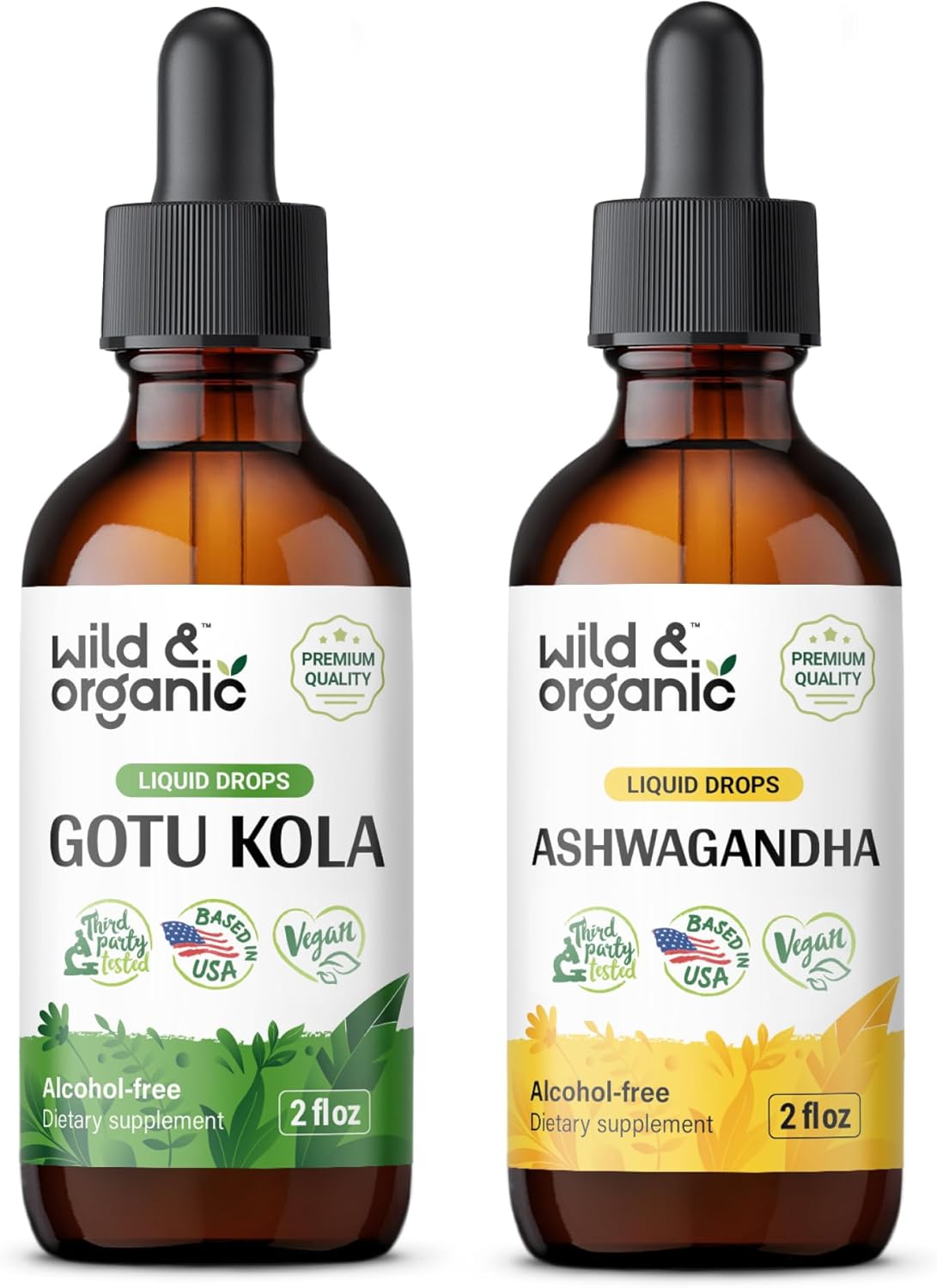Organic Wild Gotu Kola & Ashwagandha Tincture Bundle - 2 fl oz Each