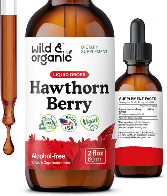 Organic Wild Hawthorn Berry Extract Drops 600mg - Liquid Supplement for Overall Health Support - Vegan & Sugar-Free Tincture - 2 fl oz