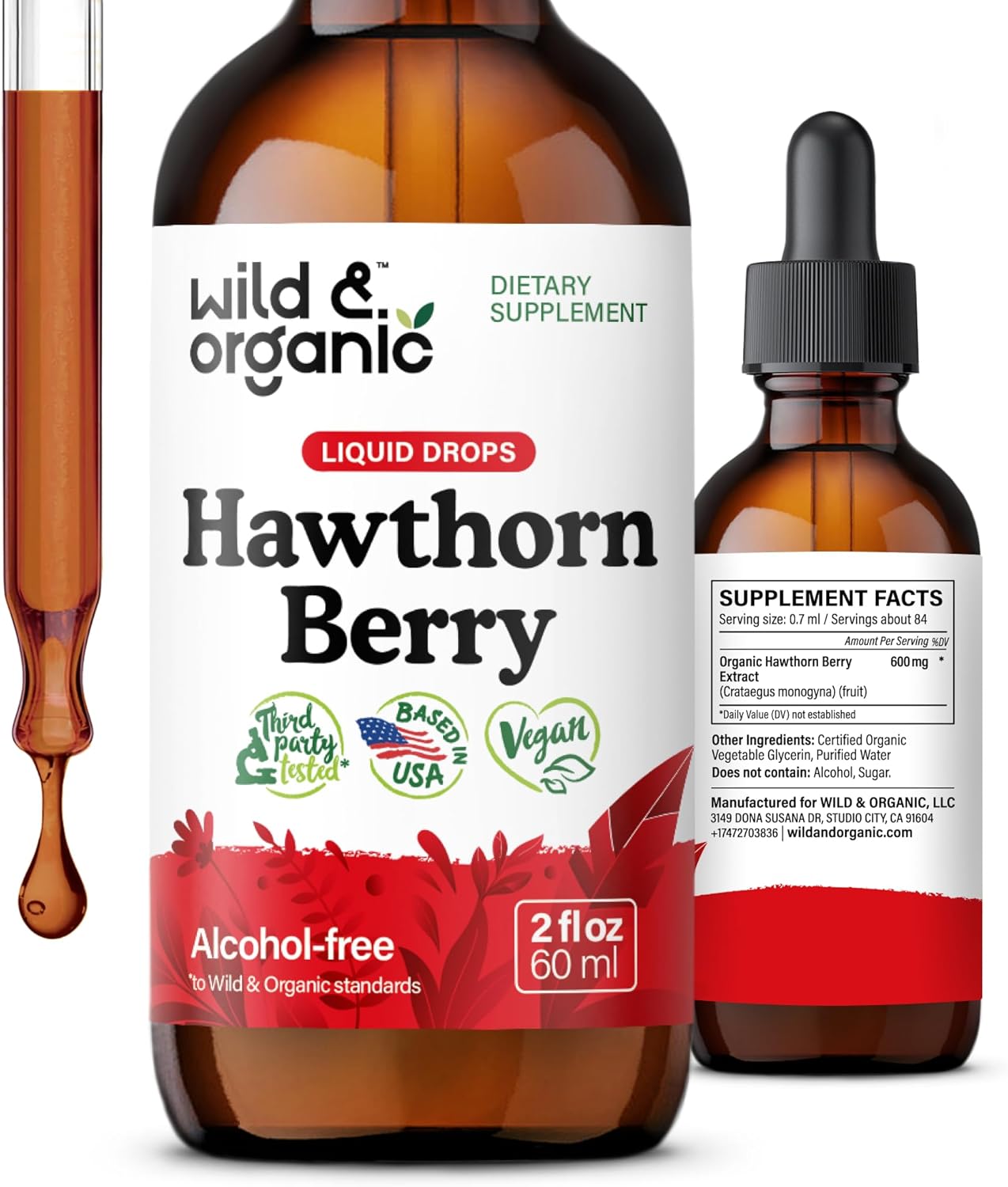 Organic Wild Hawthorn Berry Extract Drops 600mg - Liquid Supplement for Overall Health Support - Vegan & Sugar-Free Tincture - 2 fl oz