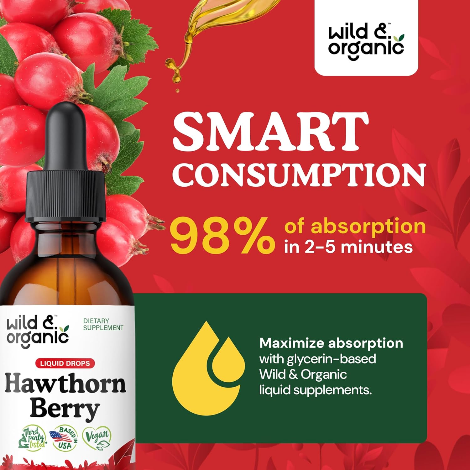 Organic Wild Hawthorn Berry Extract Drops 600mg - Liquid Supplement for Overall Health Support - Vegan & Sugar-Free Tincture - 2 fl oz