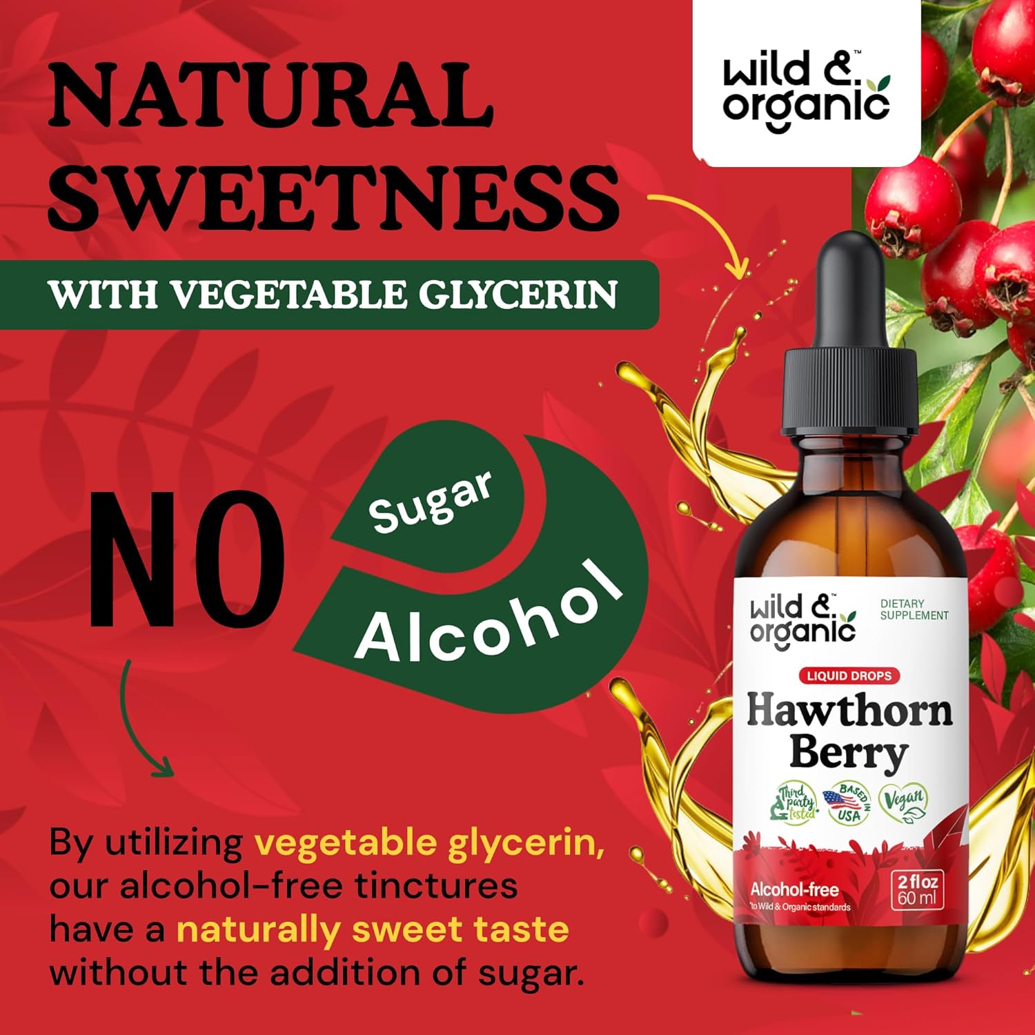 Organic Wild Hawthorn Berry Extract Drops 600mg - Liquid Supplement for Overall Health Support - Vegan & Sugar-Free Tincture - 2 fl oz