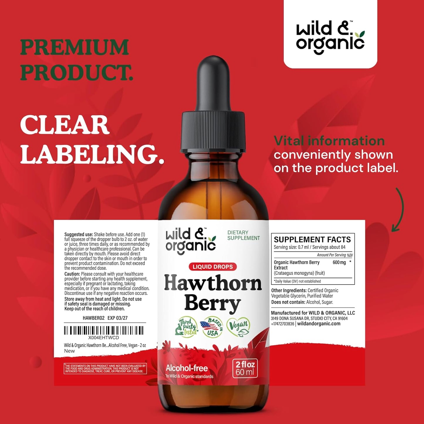 Organic Wild Hawthorn Berry Extract Drops 600mg - Liquid Supplement for Overall Health Support - Vegan & Sugar-Free Tincture - 2 fl oz