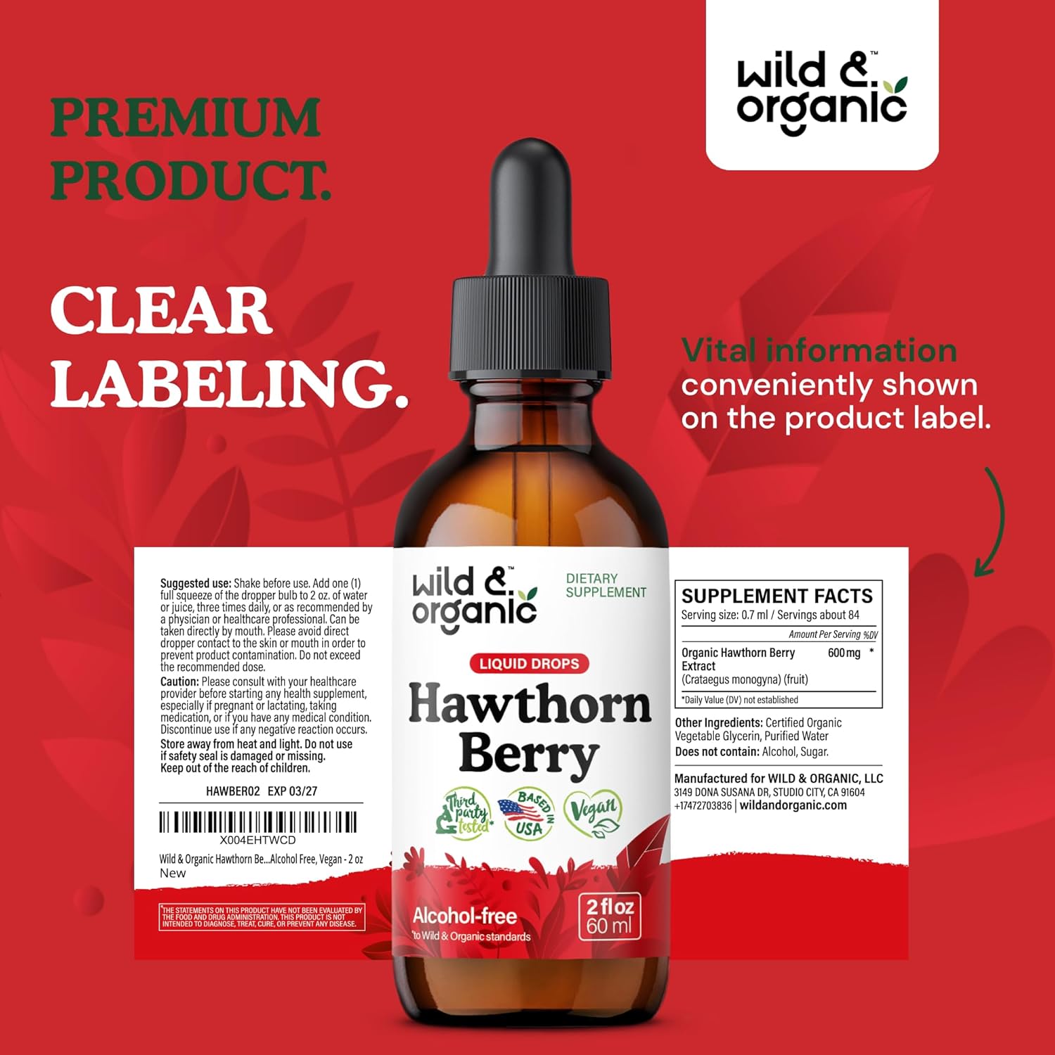 Organic Wild Hawthorn Berry Extract Drops 600mg - Liquid Supplement for Overall Health Support - Vegan & Sugar-Free Tincture - 2 fl oz