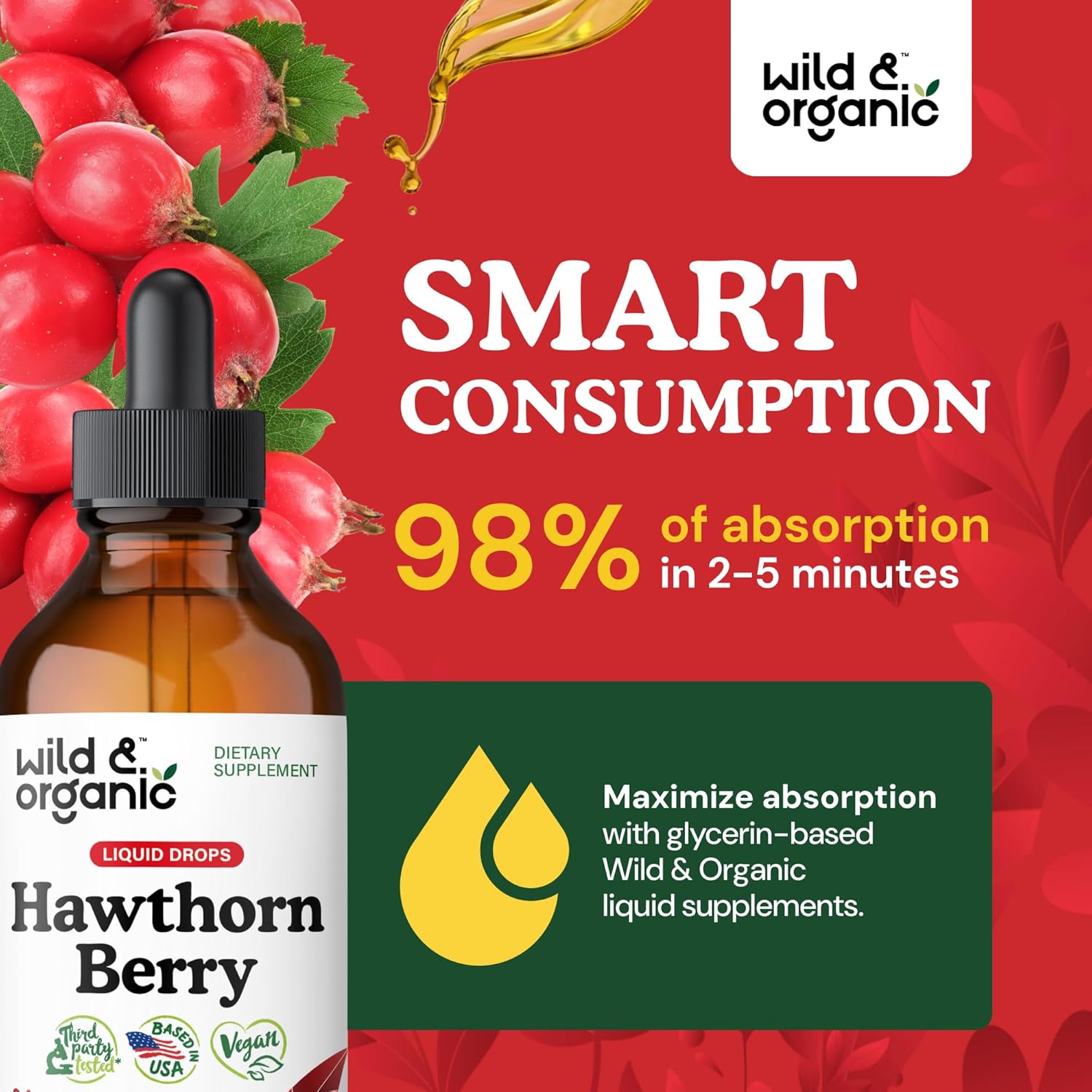Organic Wild Hawthorn Berry Tincture - 600 mg Liquid Supplement - Vegan, Sugar & Alcohol-Free - 4 fl oz Bottle