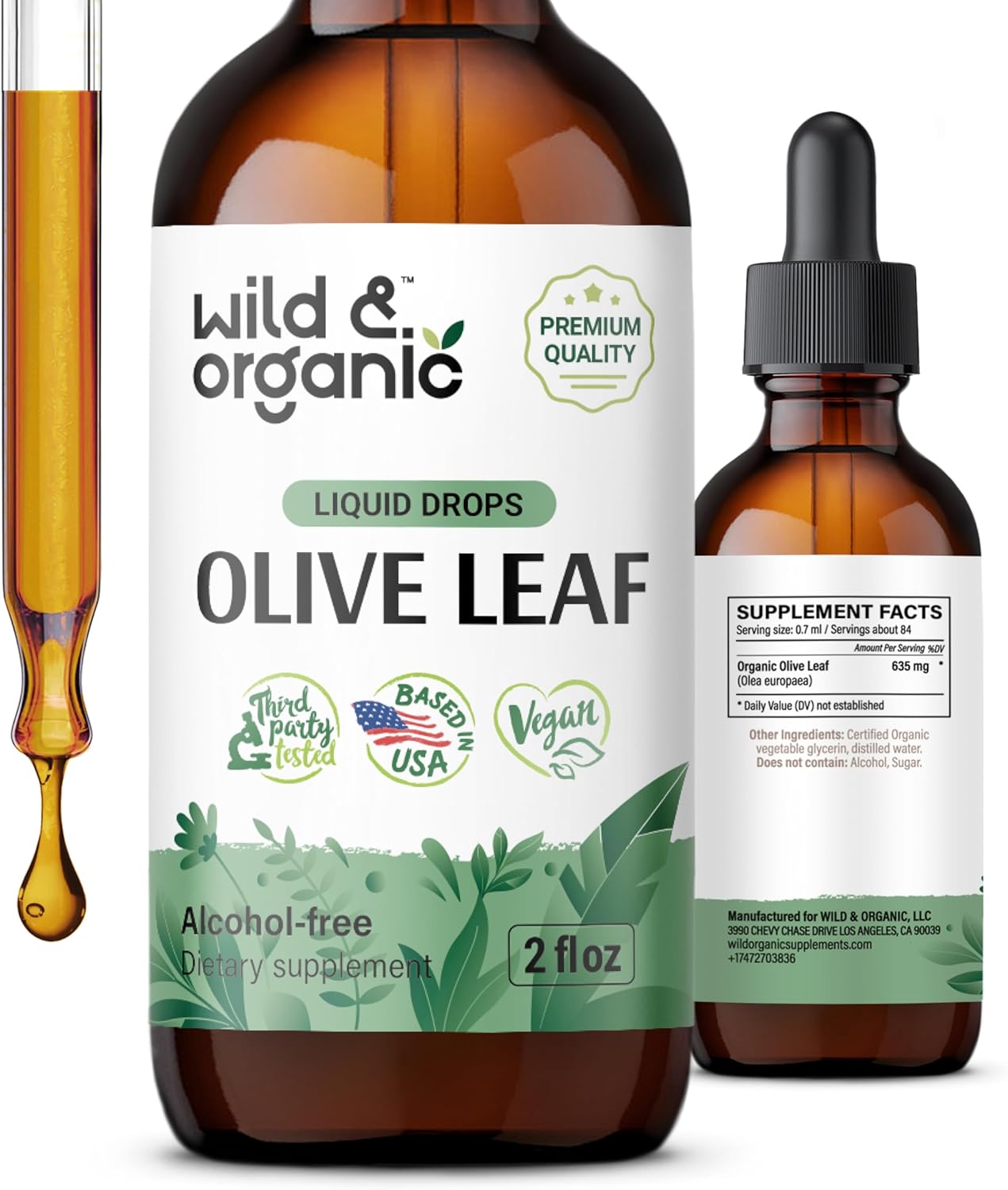 Organic Wild Olive Leaf Extract Drops - Antioxidant Immune Support - Oleuropein Supplement - Vegan, Sugar & Alcohol-Free - 2 fl oz