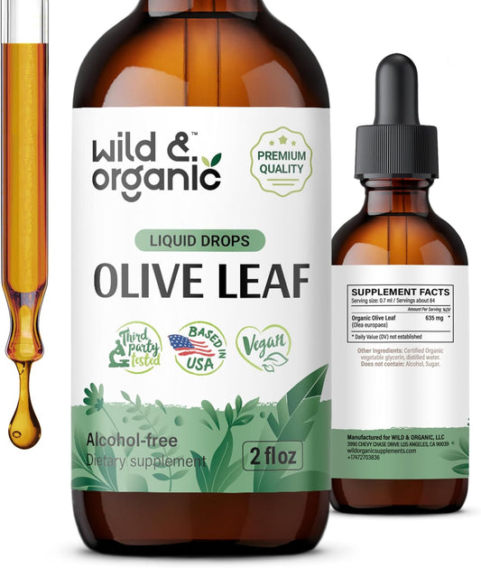 Organic Wild Olive Leaf Extract Drops - Antioxidant Immune Support - Oleuropein Supplement - Vegan, Sugar & Alcohol-Free - 2 fl oz