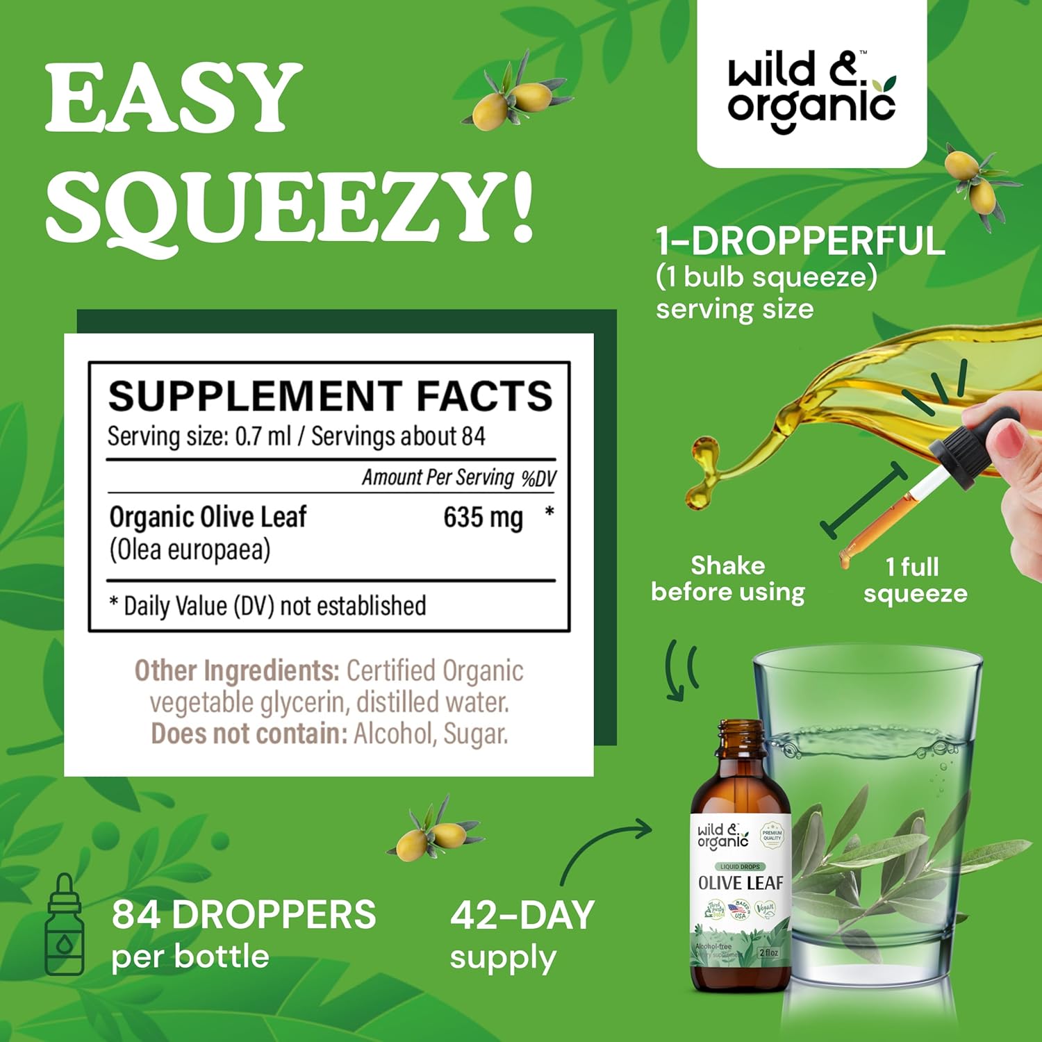 Organic Wild Olive Leaf Extract Drops - Antioxidant Immune Support - Oleuropein Supplement - Vegan, Sugar & Alcohol-Free - 2 fl oz